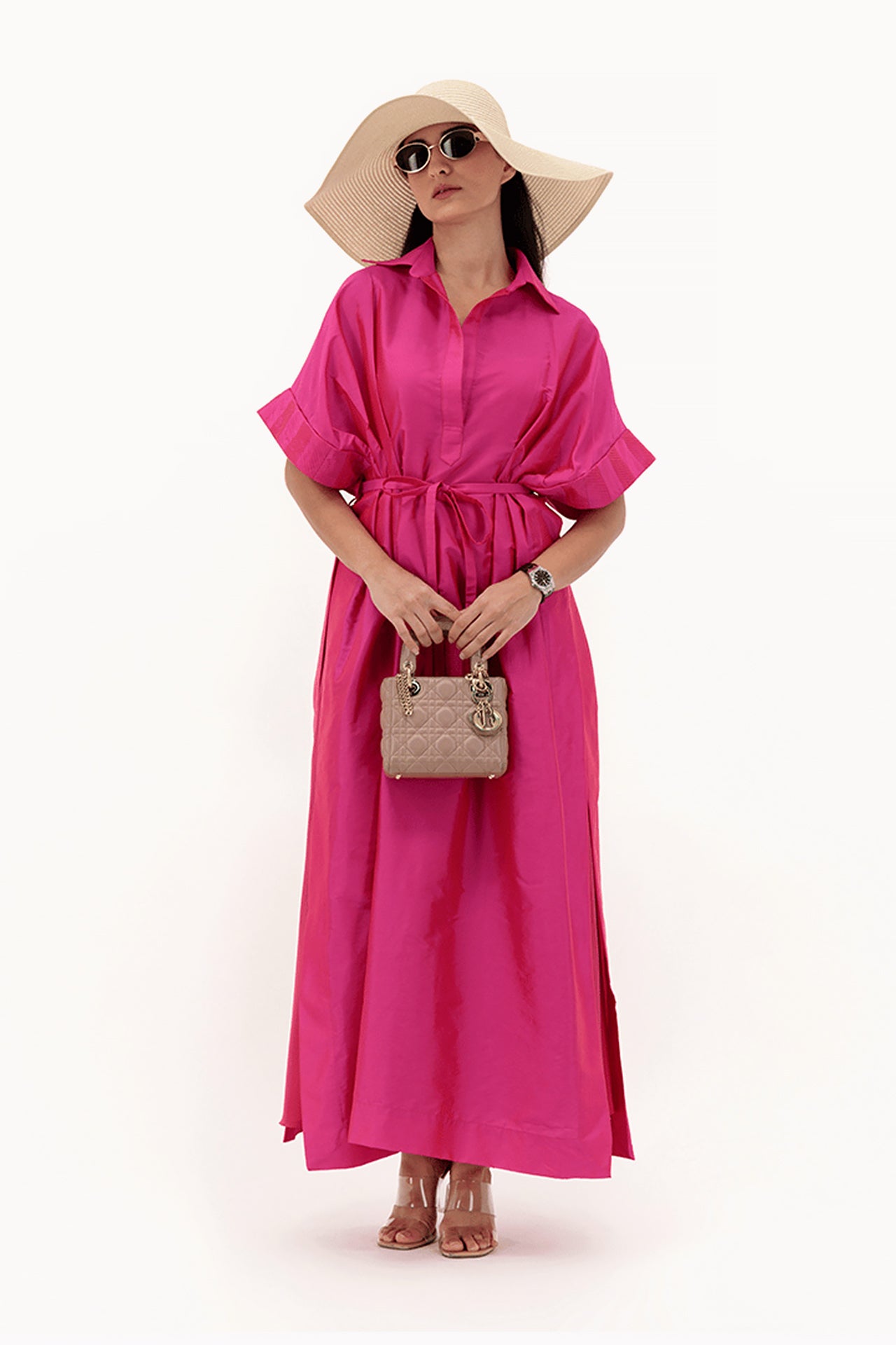 Fuchsia Pink Sleeve Pleated Dress by F.Lounge