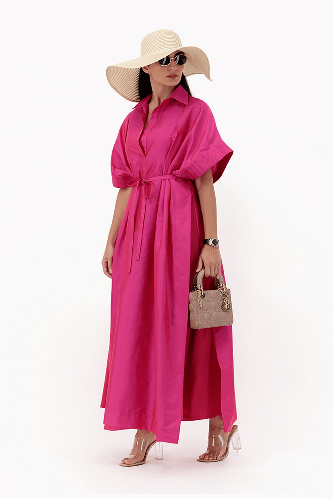 Fuchsia Pink Sleeve Pleated Dress by F.Lounge