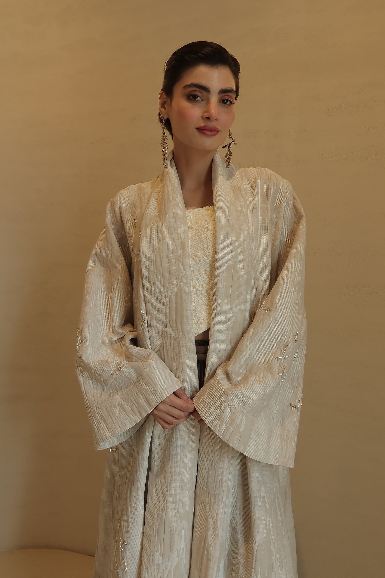 Beige Stone Jacquard Abaya by F.Lounge