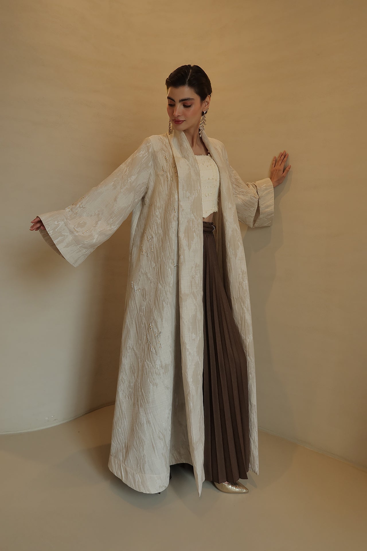 Beige Stone Jacquard Abaya by F.Lounge