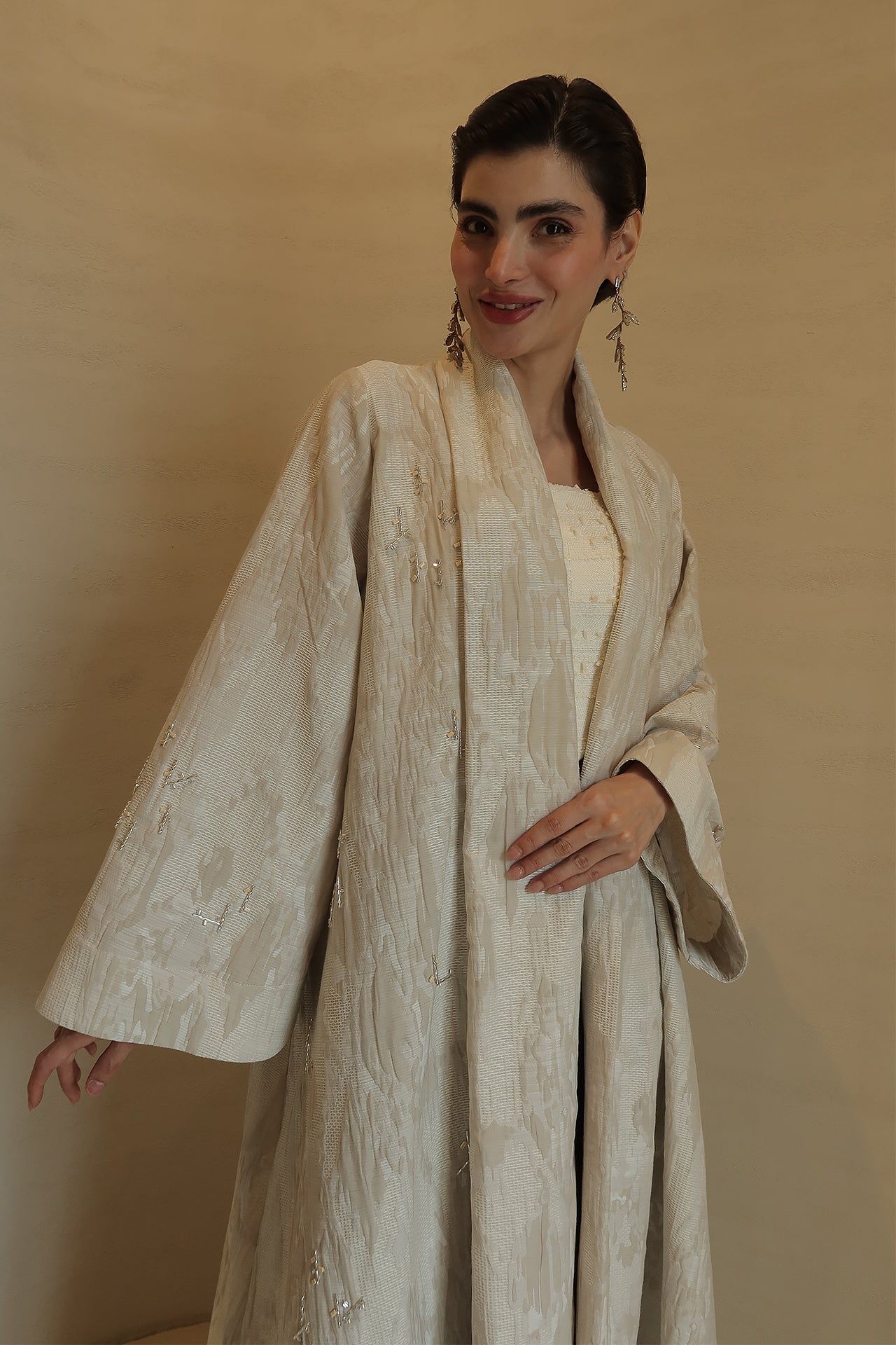 Beige Stone Jacquard Abaya by F.Lounge