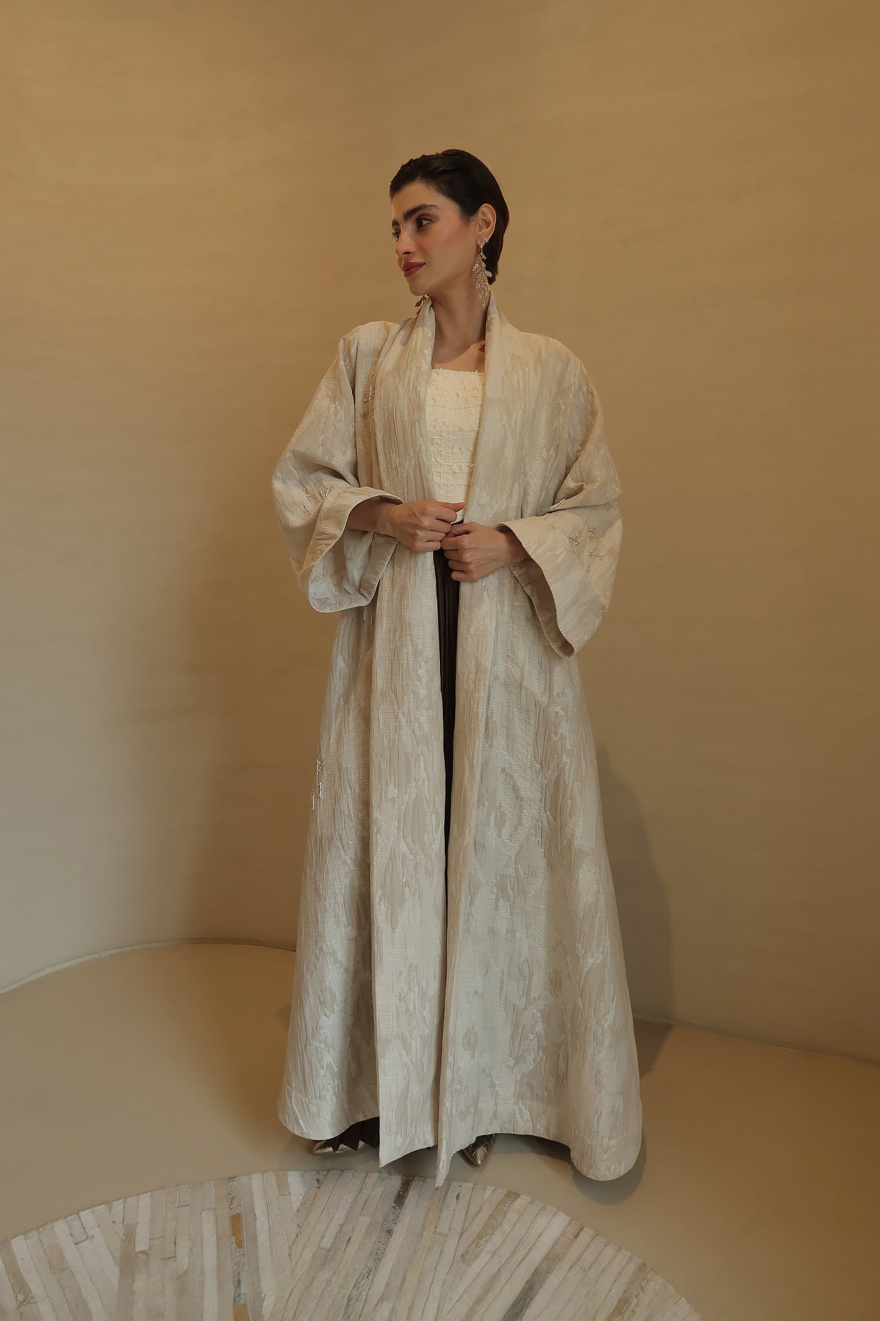 Beige Stone Jacquard Abaya by F.Lounge