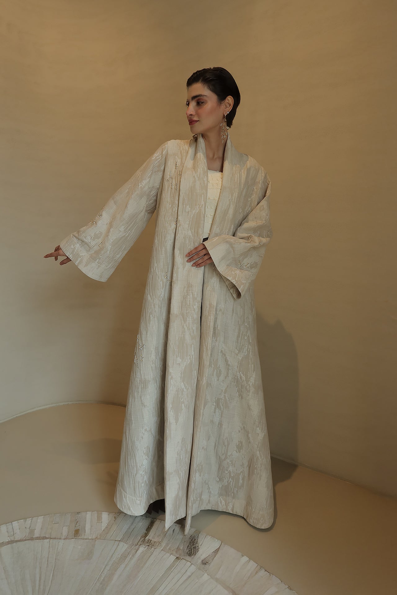 Beige Stone Jacquard Abaya by F.Lounge