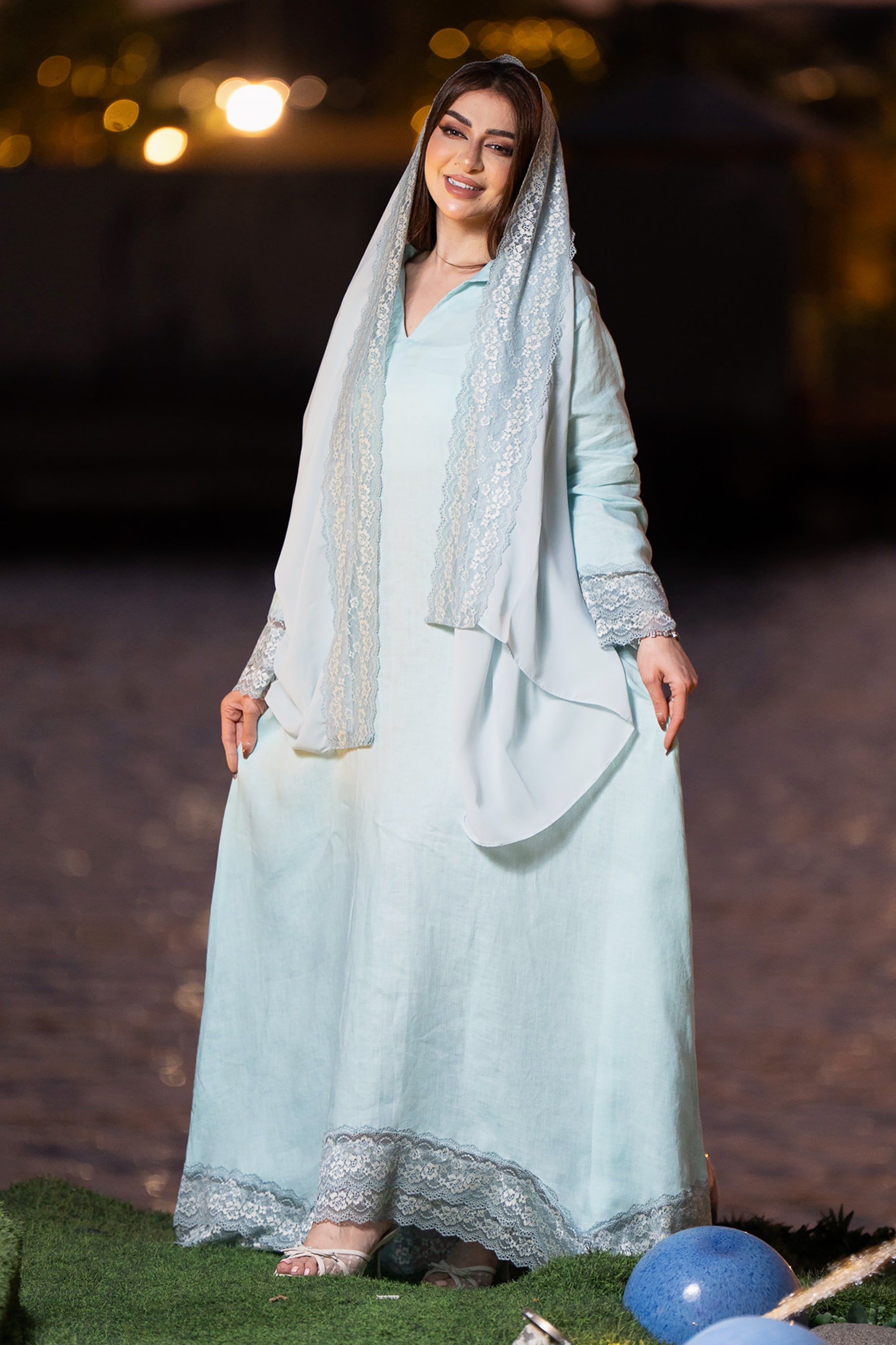 Light Blue Lace Linen Jalabiya by Taa Marbotah