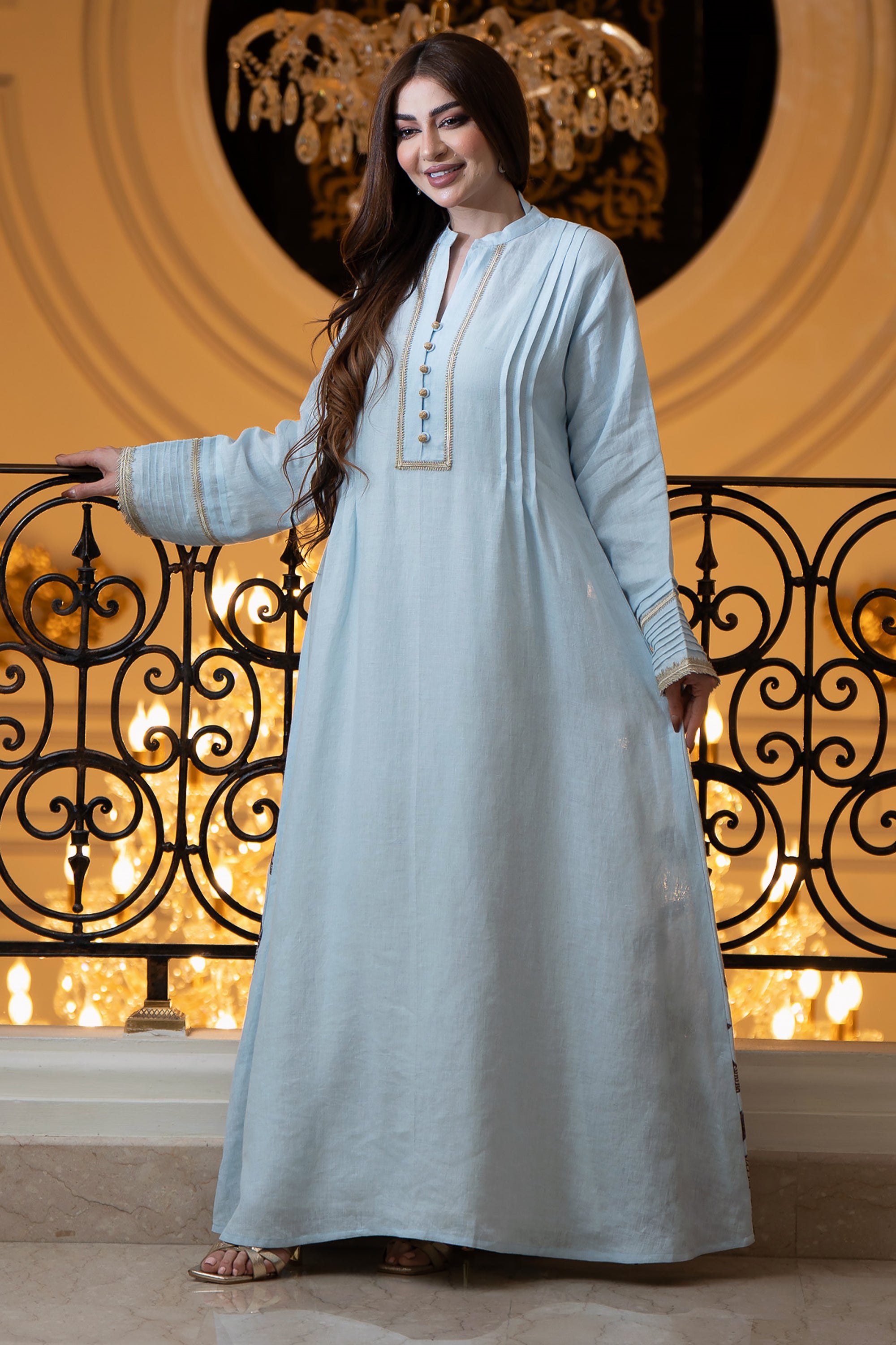 Light Blue Floral Linen Jalabiya by Taa Marbotah