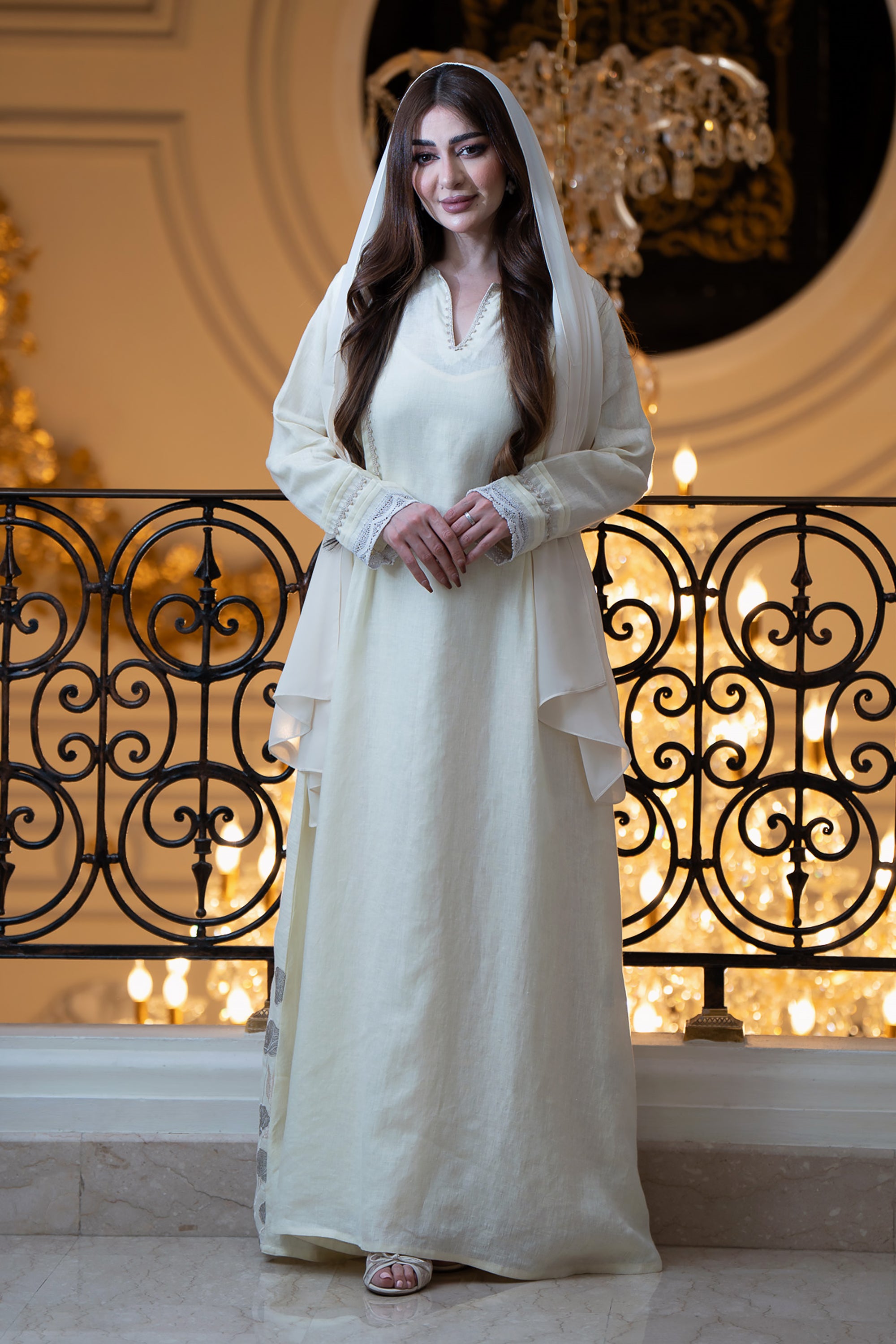Yellow Lace Linen Jalabiya by Taa Marbotah