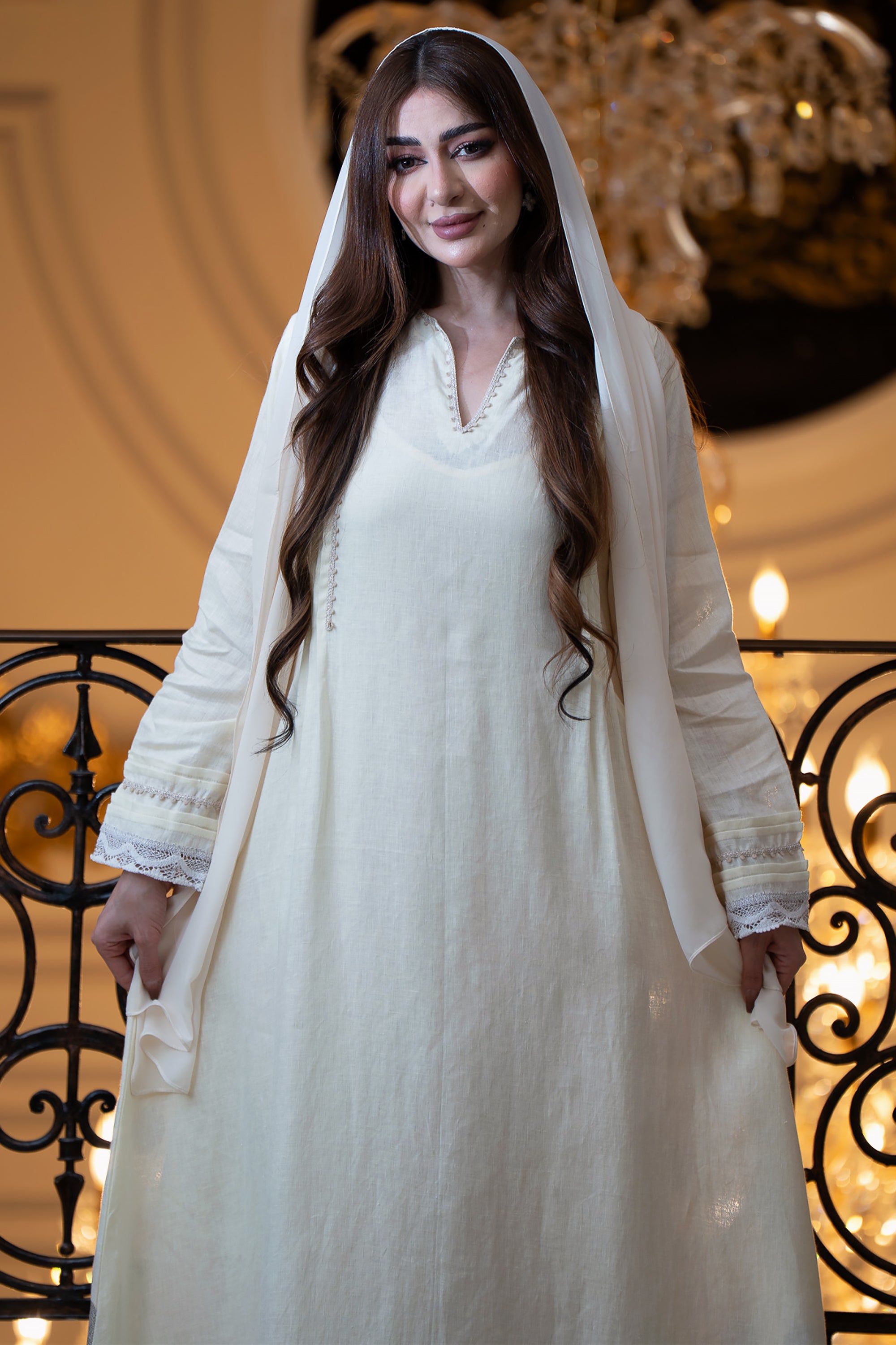 Yellow Lace Linen Jalabiya by Taa Marbotah