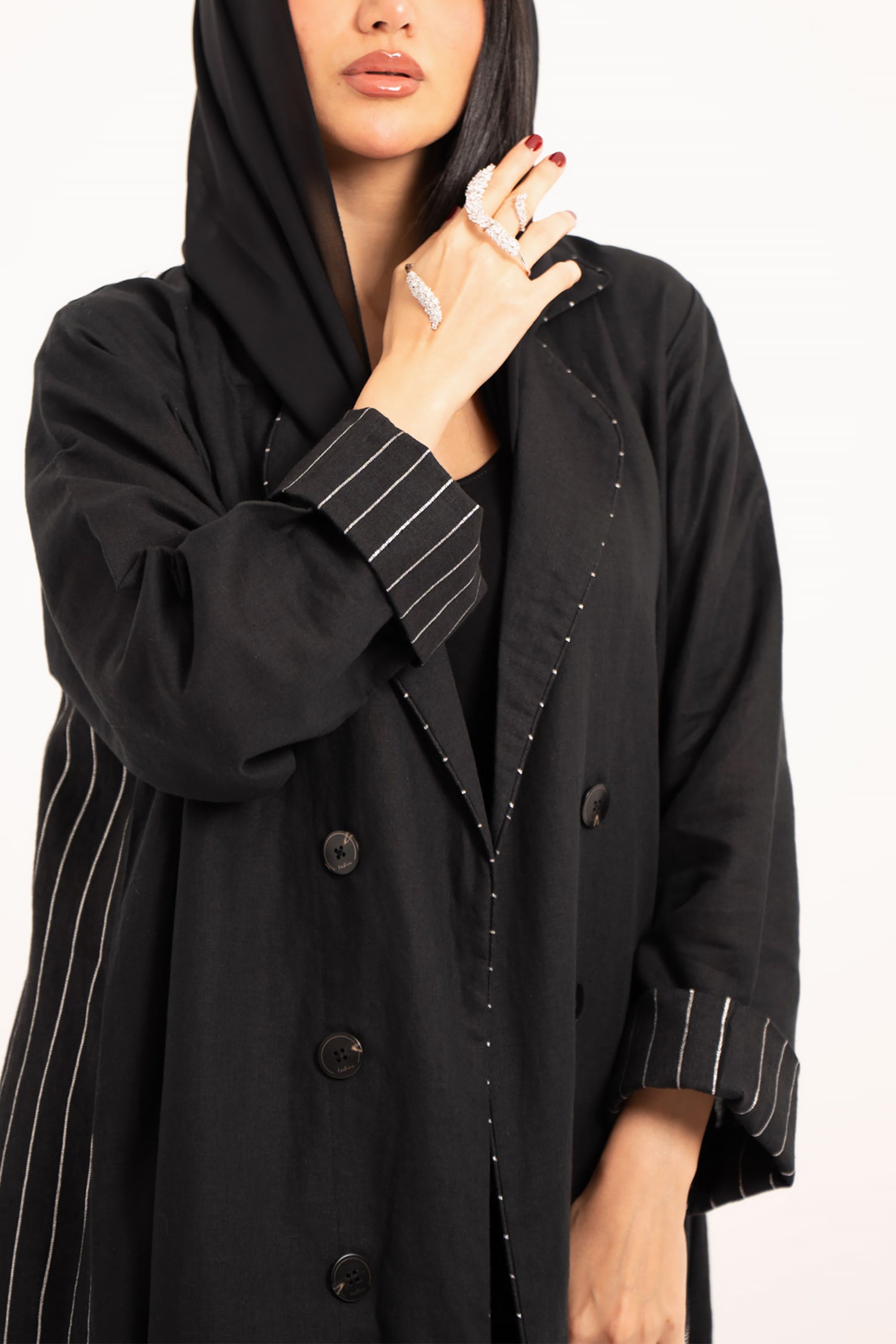 Black Striped Linen Abaya by Taa Marbotah