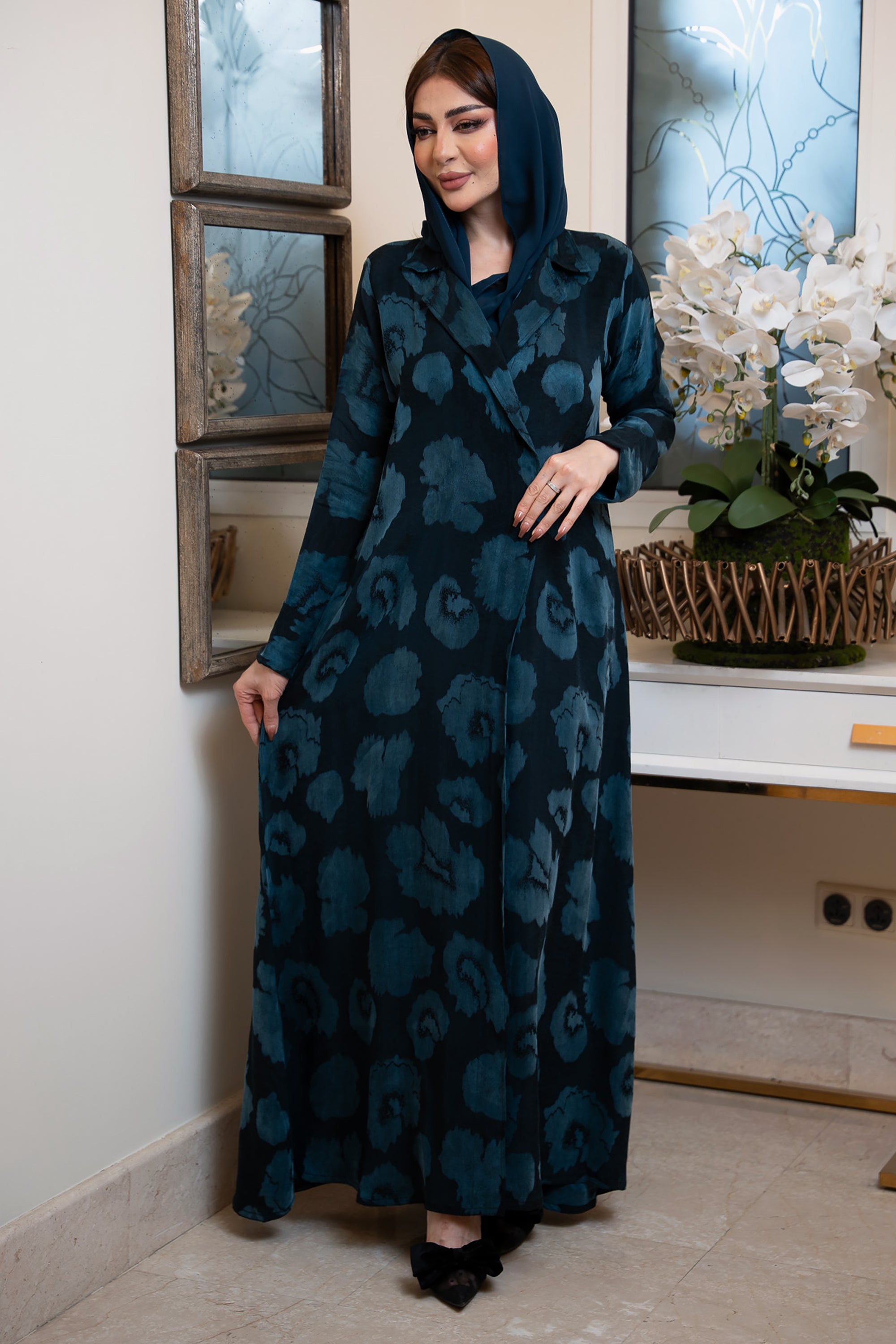 Dark Blue Jacquard Silk Abaya by Taa Marbotah