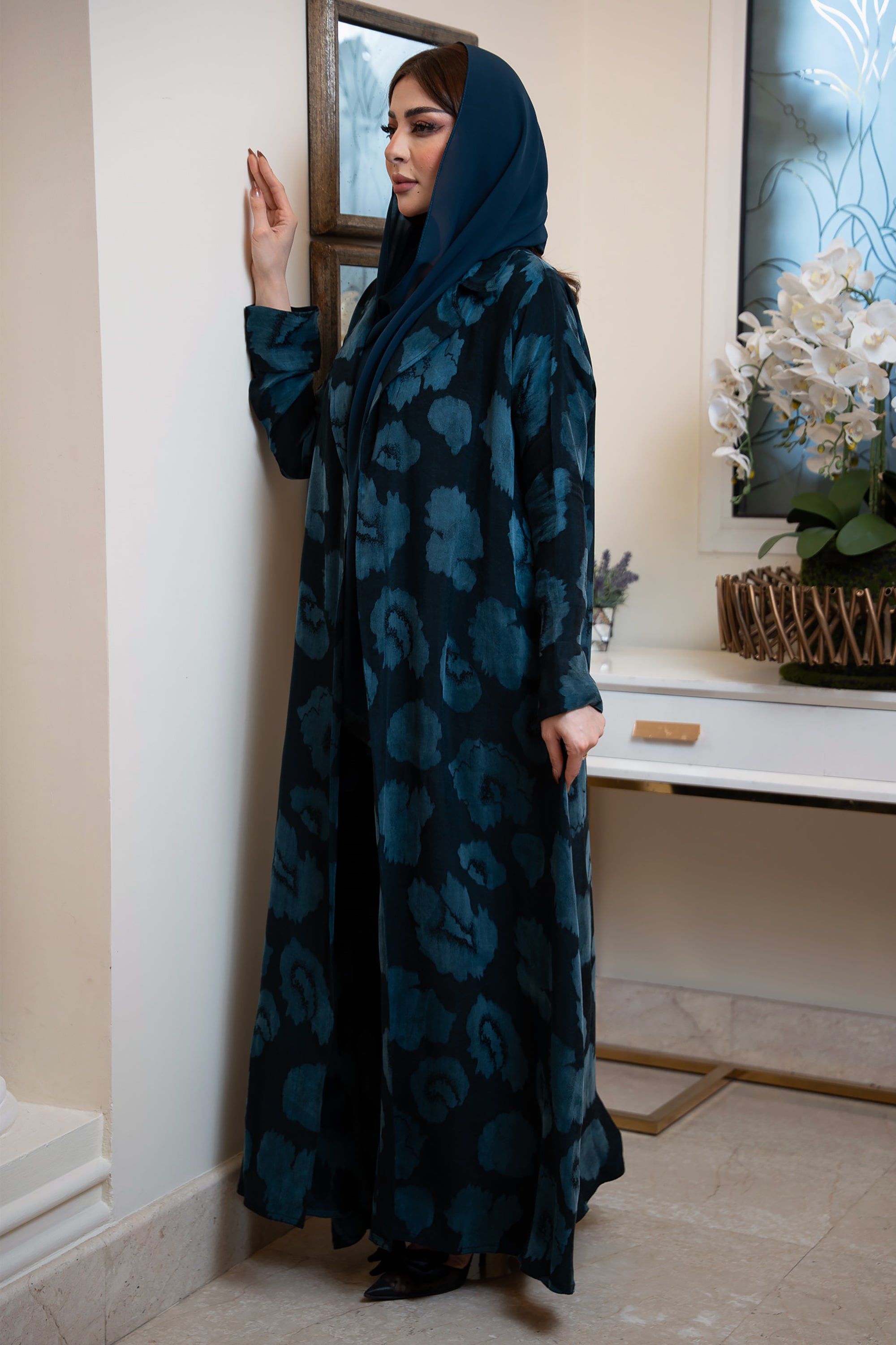 Dark Blue Jacquard Silk Abaya by Taa Marbotah