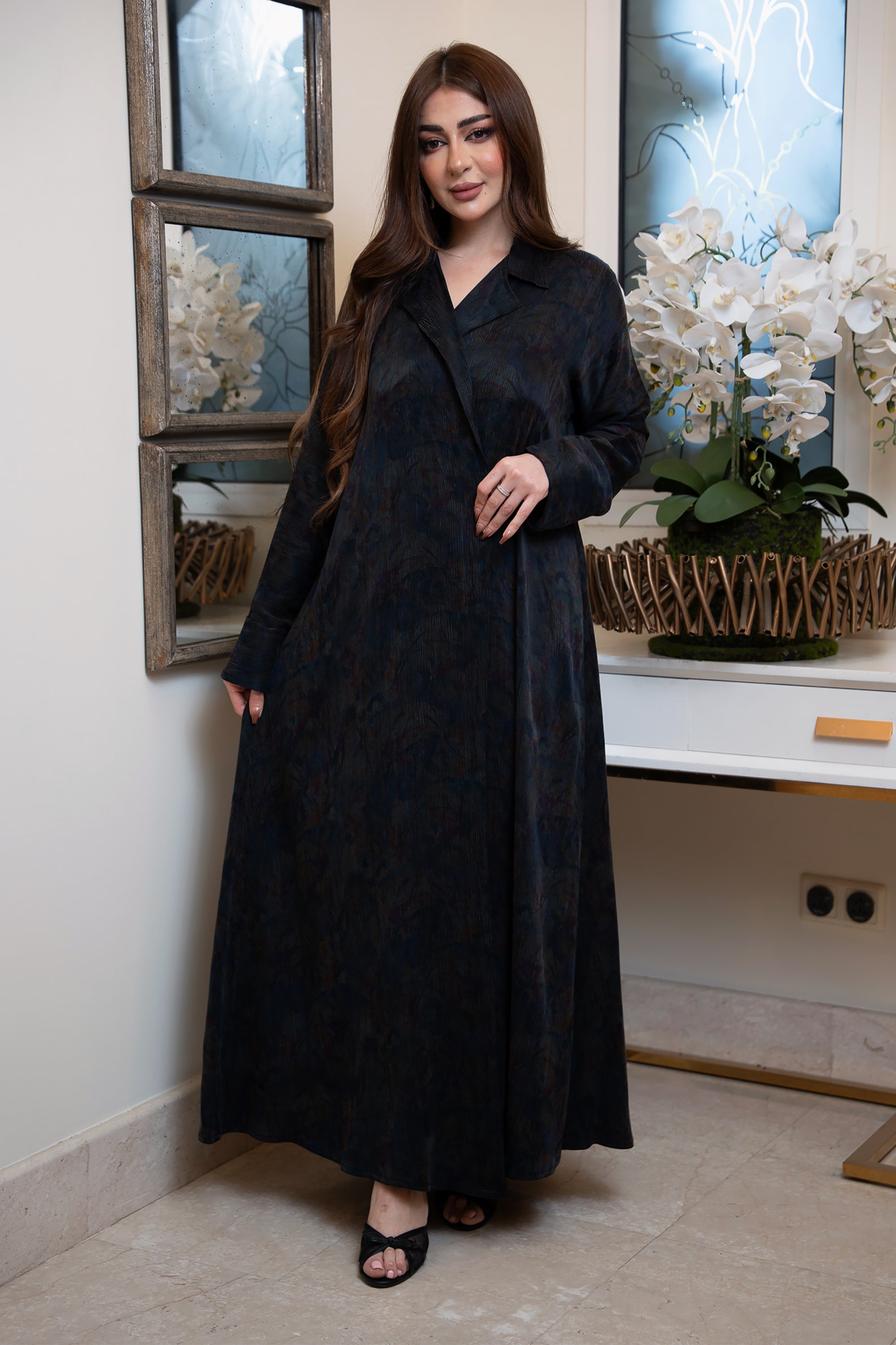 Navy Blue Textured Jacquard Silk Abaya by Taa Marbotah