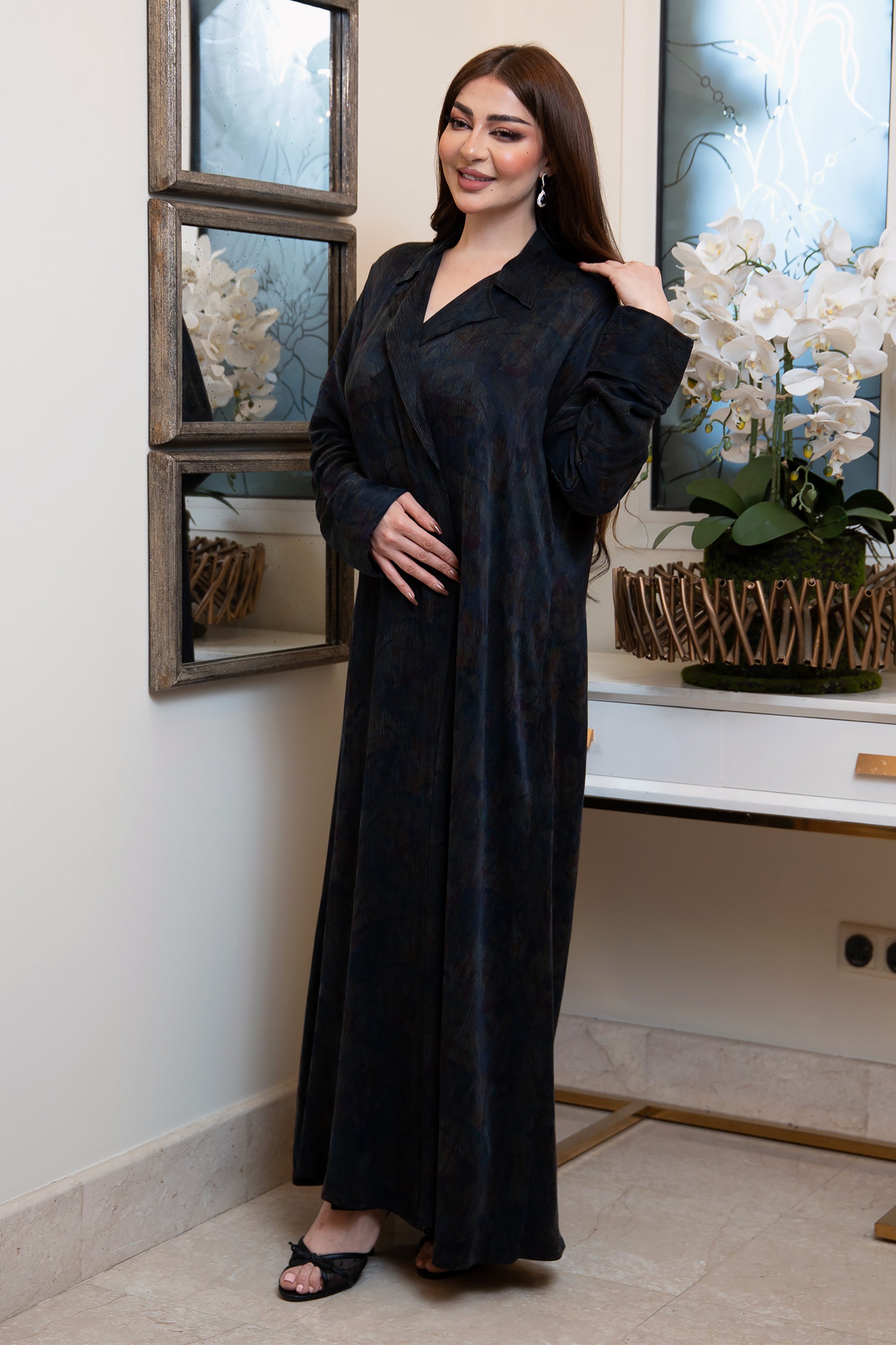Navy Blue Textured Jacquard Silk Abaya by Taa Marbotah