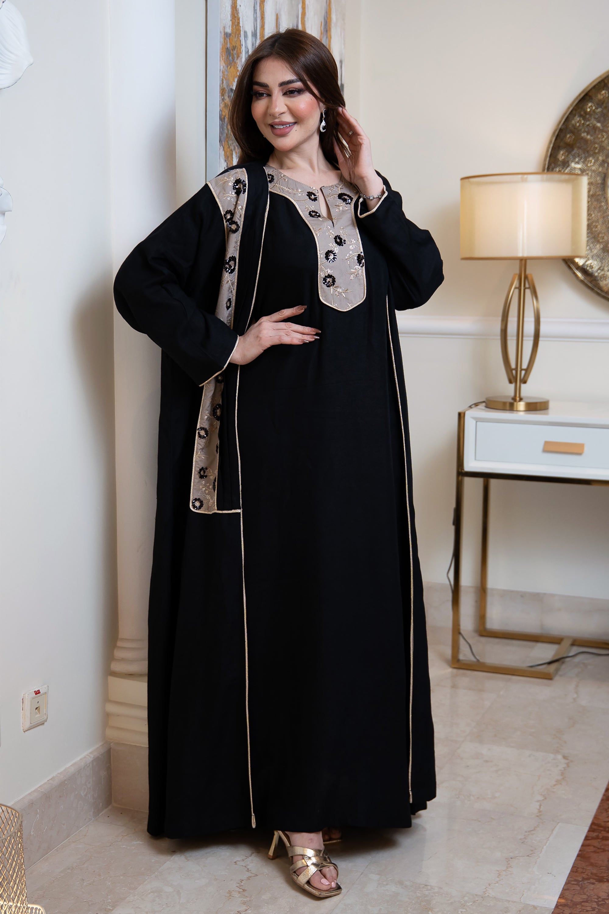 Black Linen Set of Abaya and Dress by Taa Marbotah