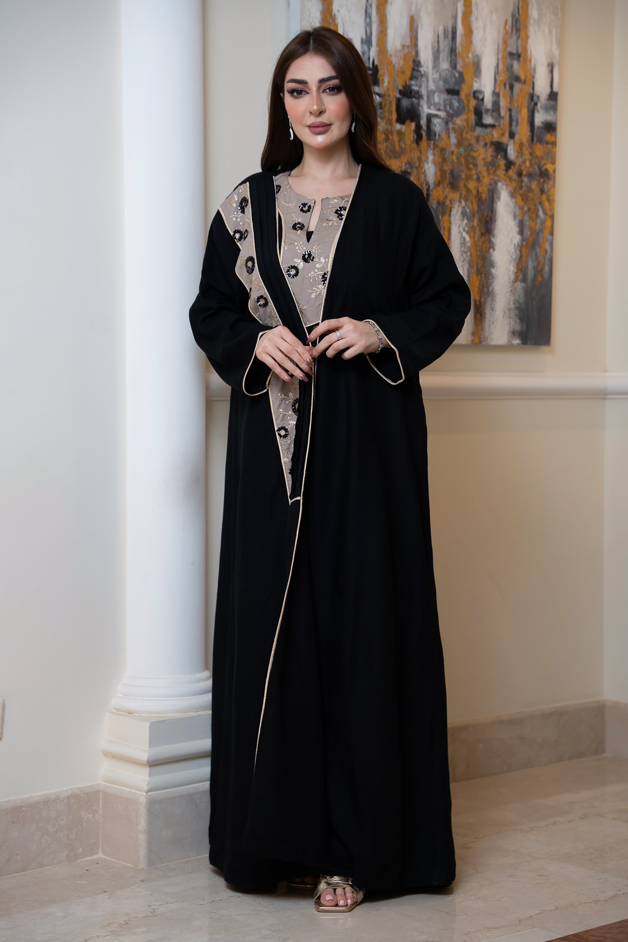 Black Linen Set of Abaya and Dress by Taa Marbotah