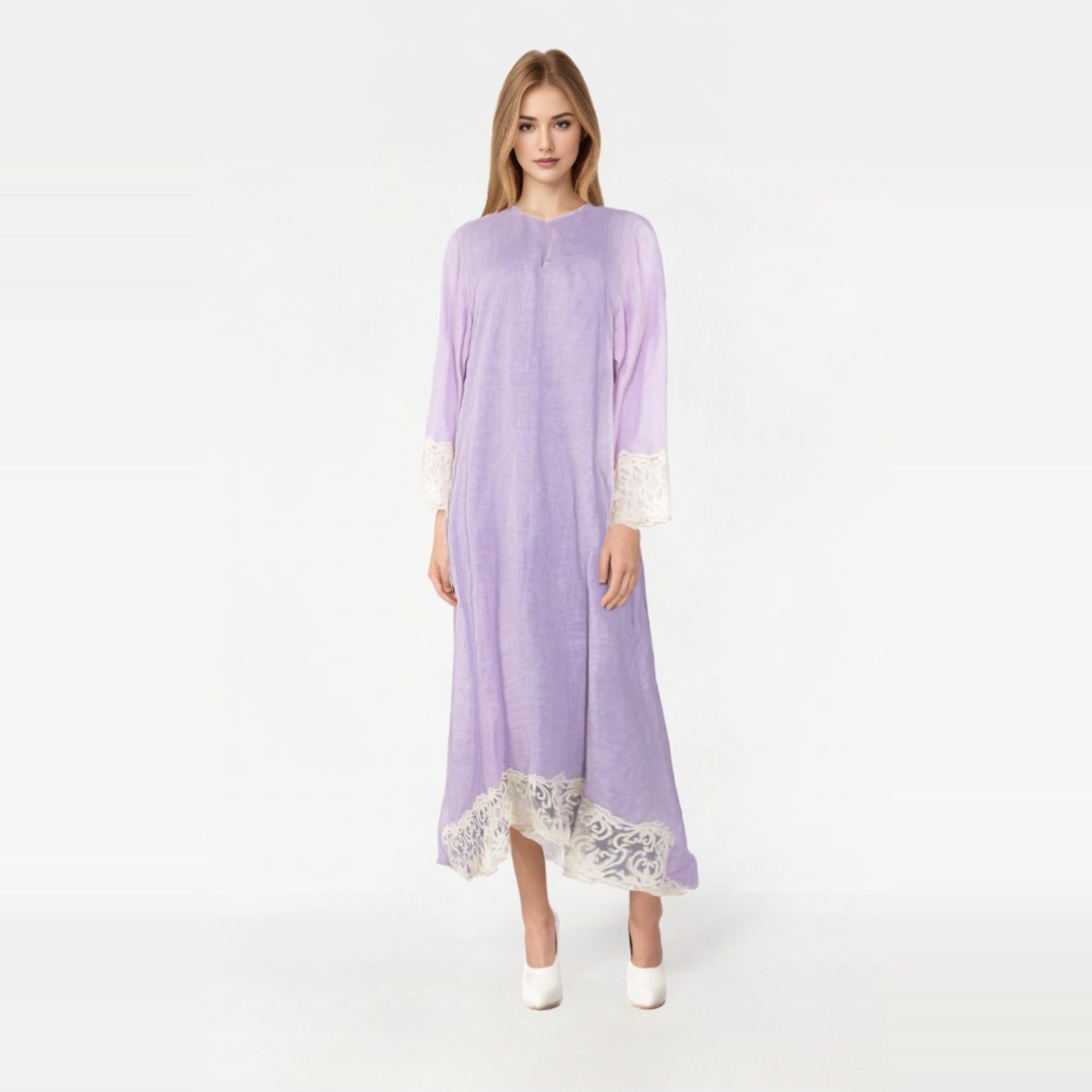 Purple Long Dress with Beige Joubert on the Ends of the Sleeves and Hemline From Darzah