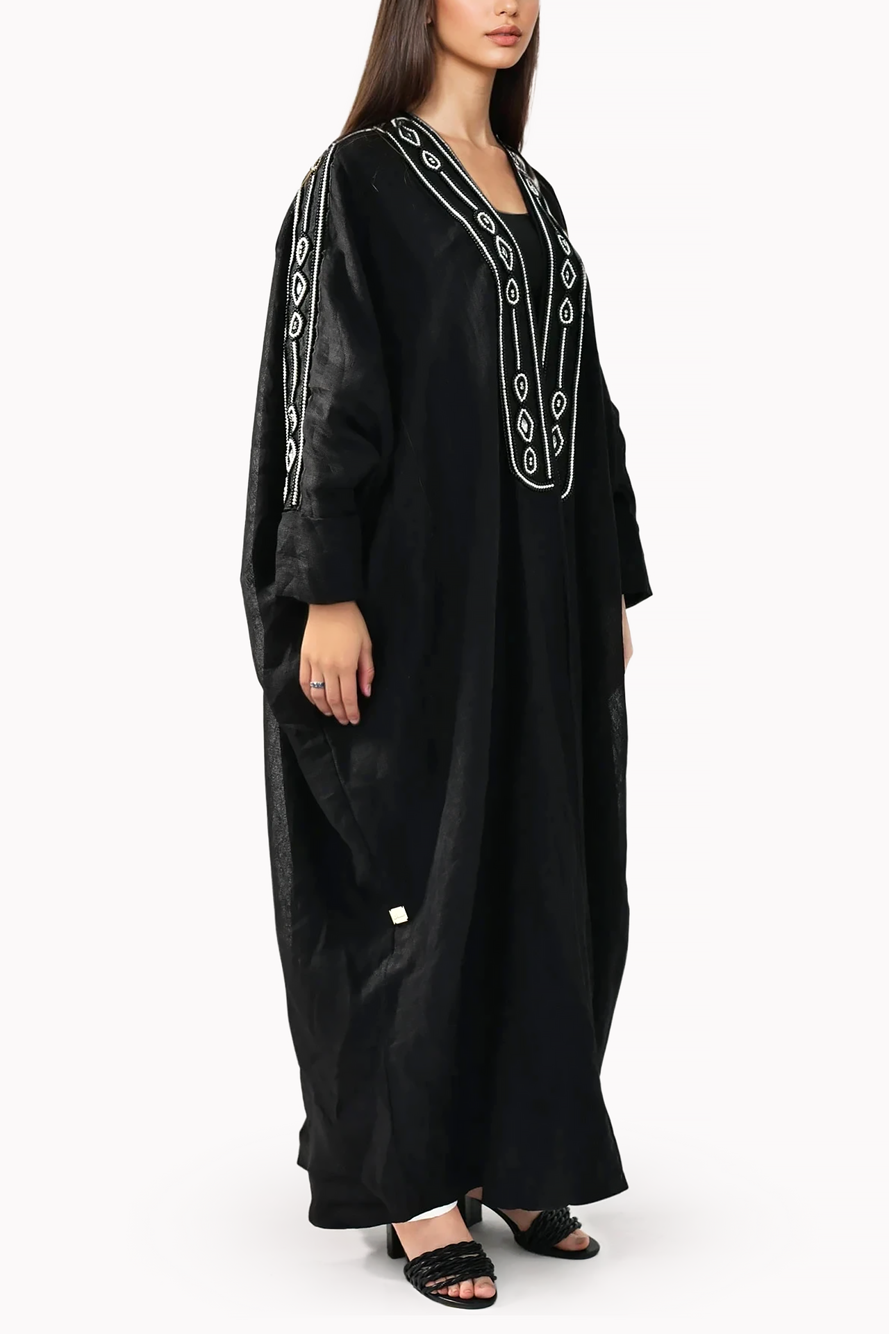 V-neck Embroidery Linen Black Abaya by Misk Abaya
