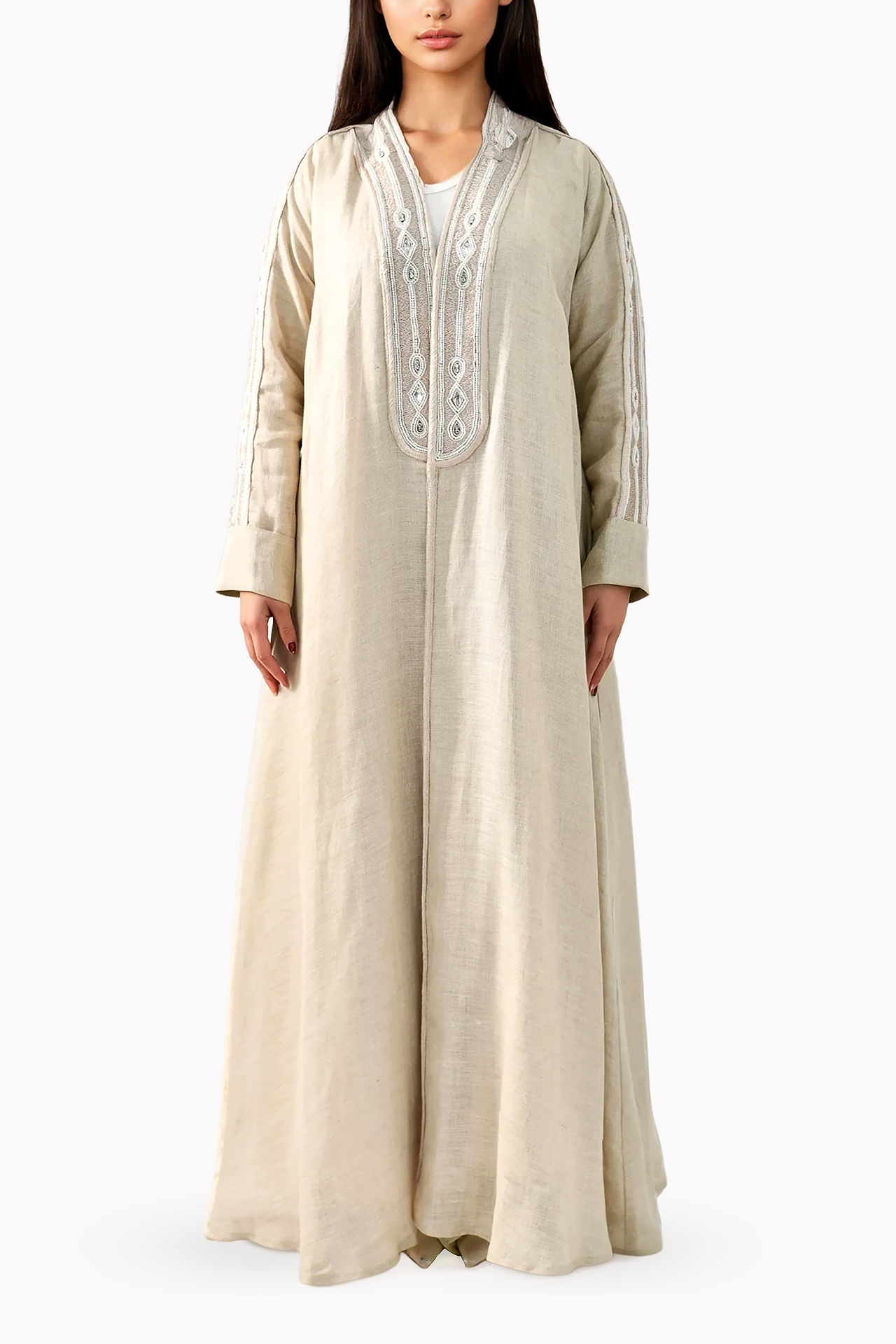 Handmade Embroidery Linen Beige Abaya by Misk Abaya