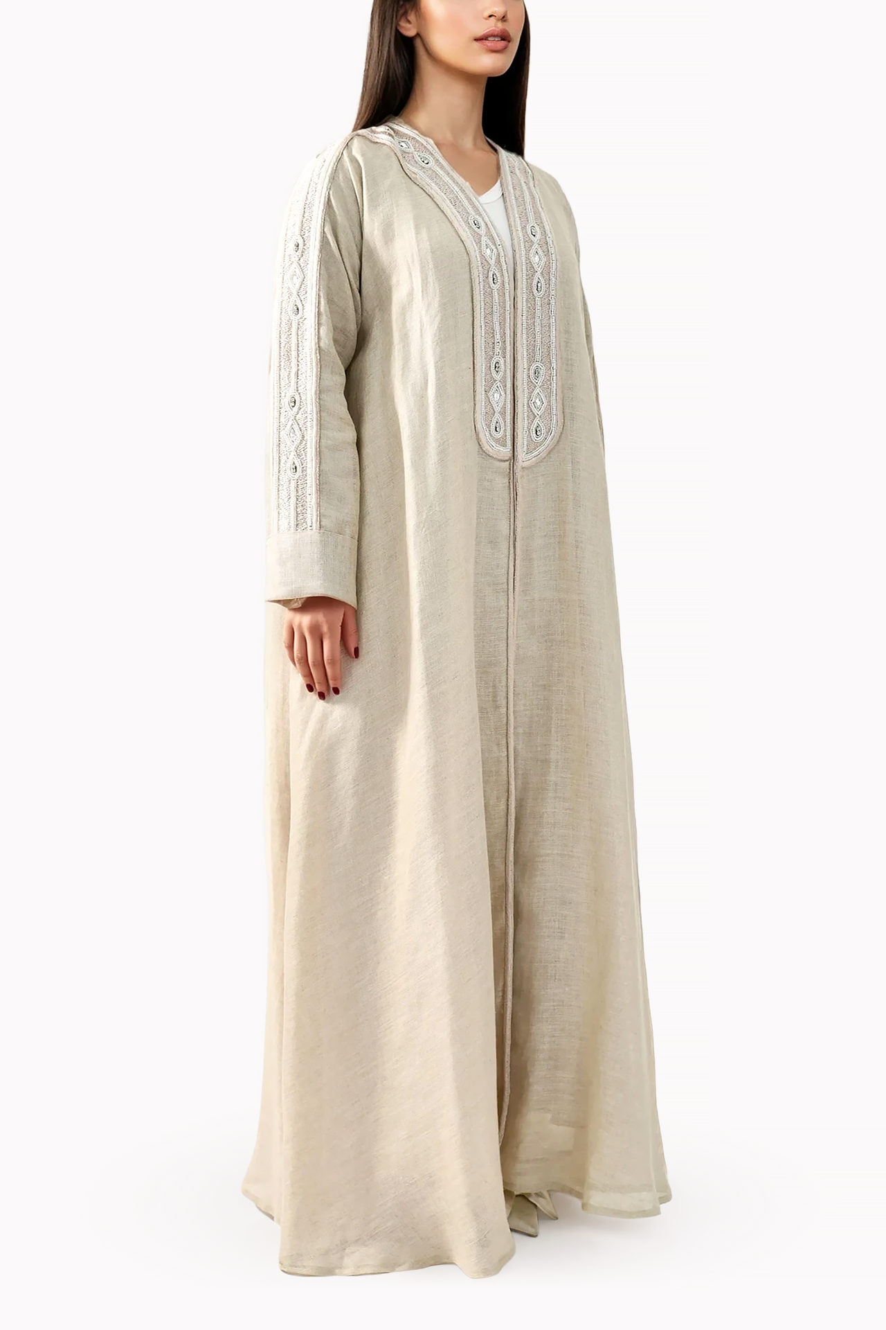 Handmade Embroidery Linen Beige Abaya by Misk Abaya