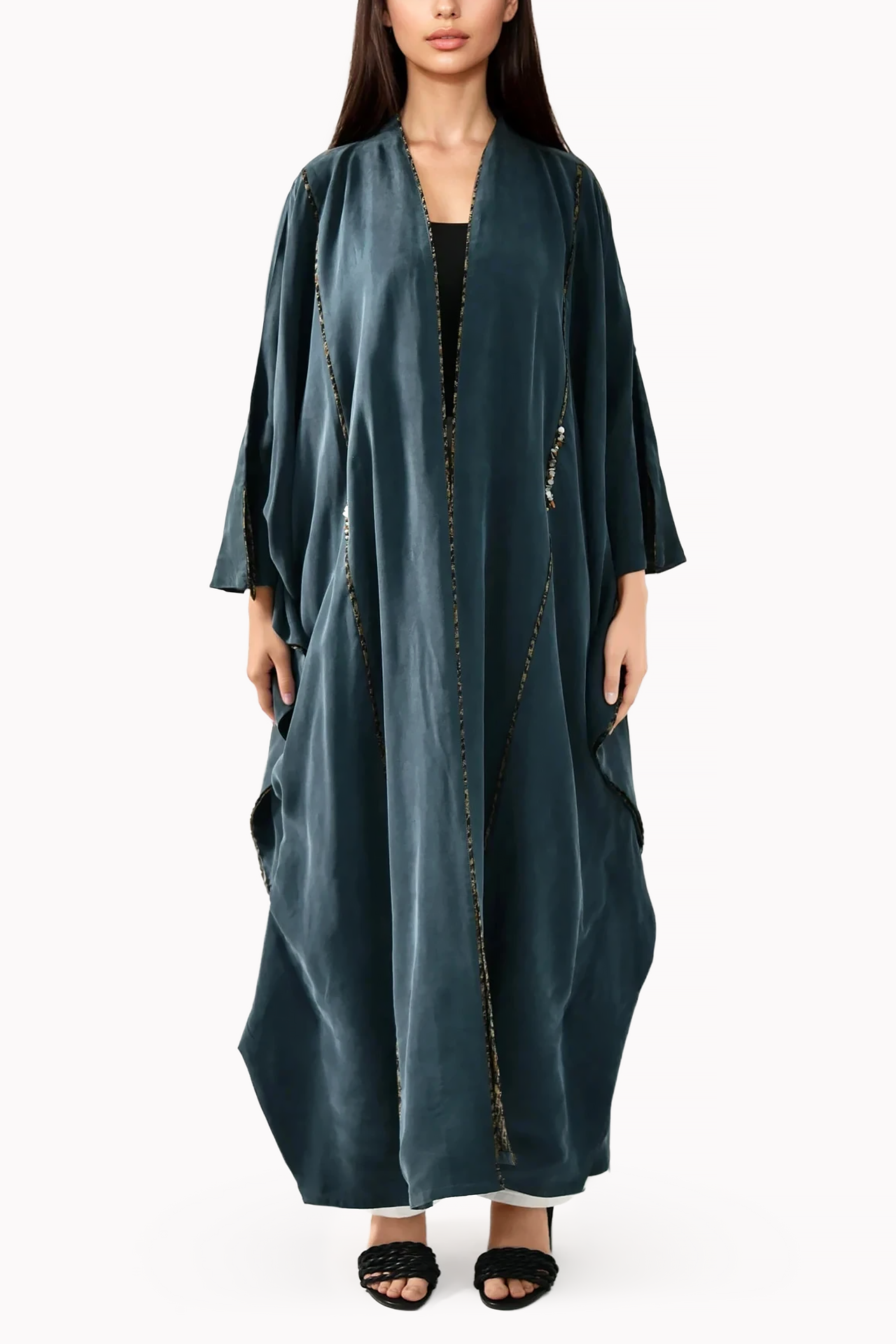 Embroidered Silk Teal Abaya by May Thahab