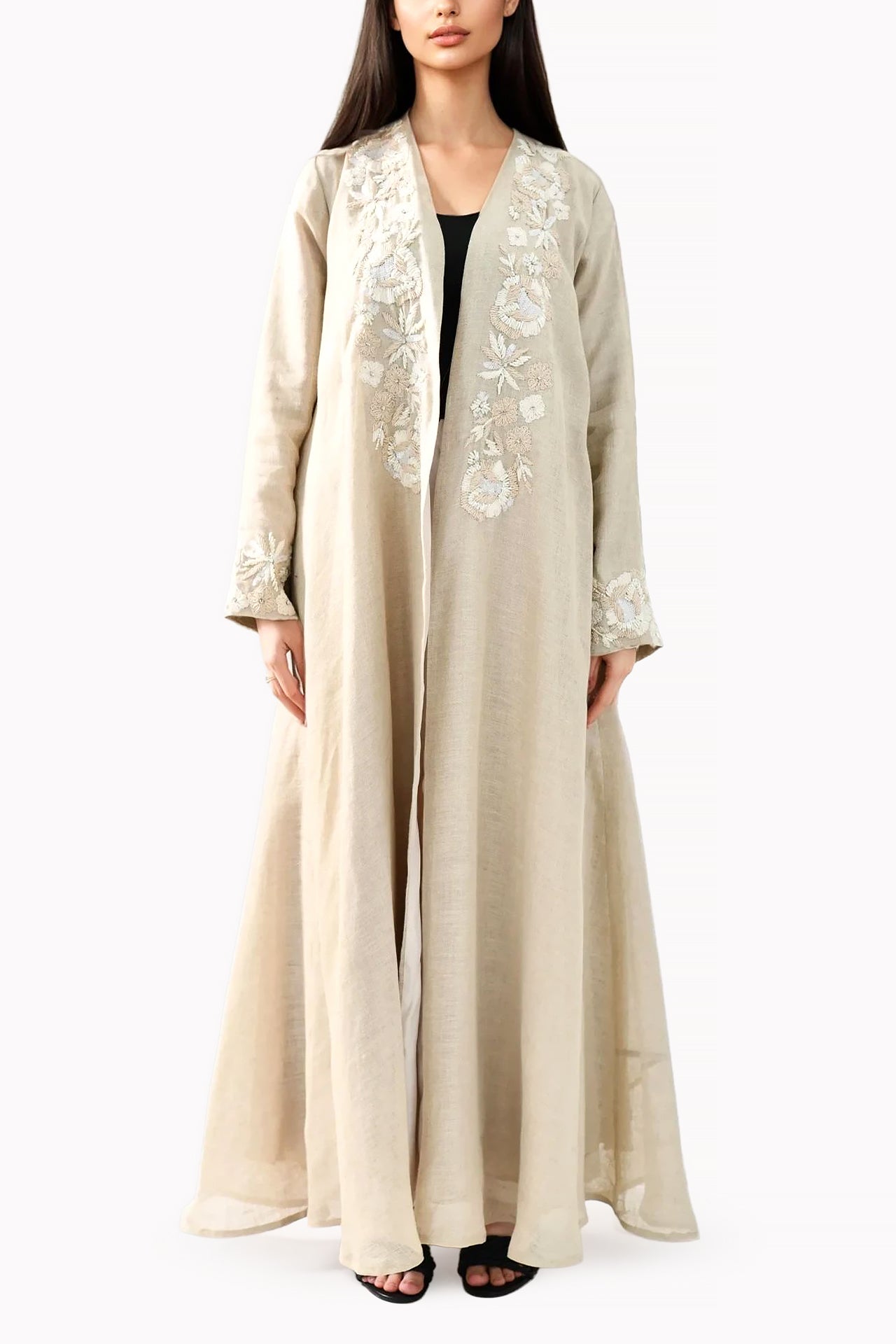 Floral Embroidery Linen Beige Abaya by Misk Abaya