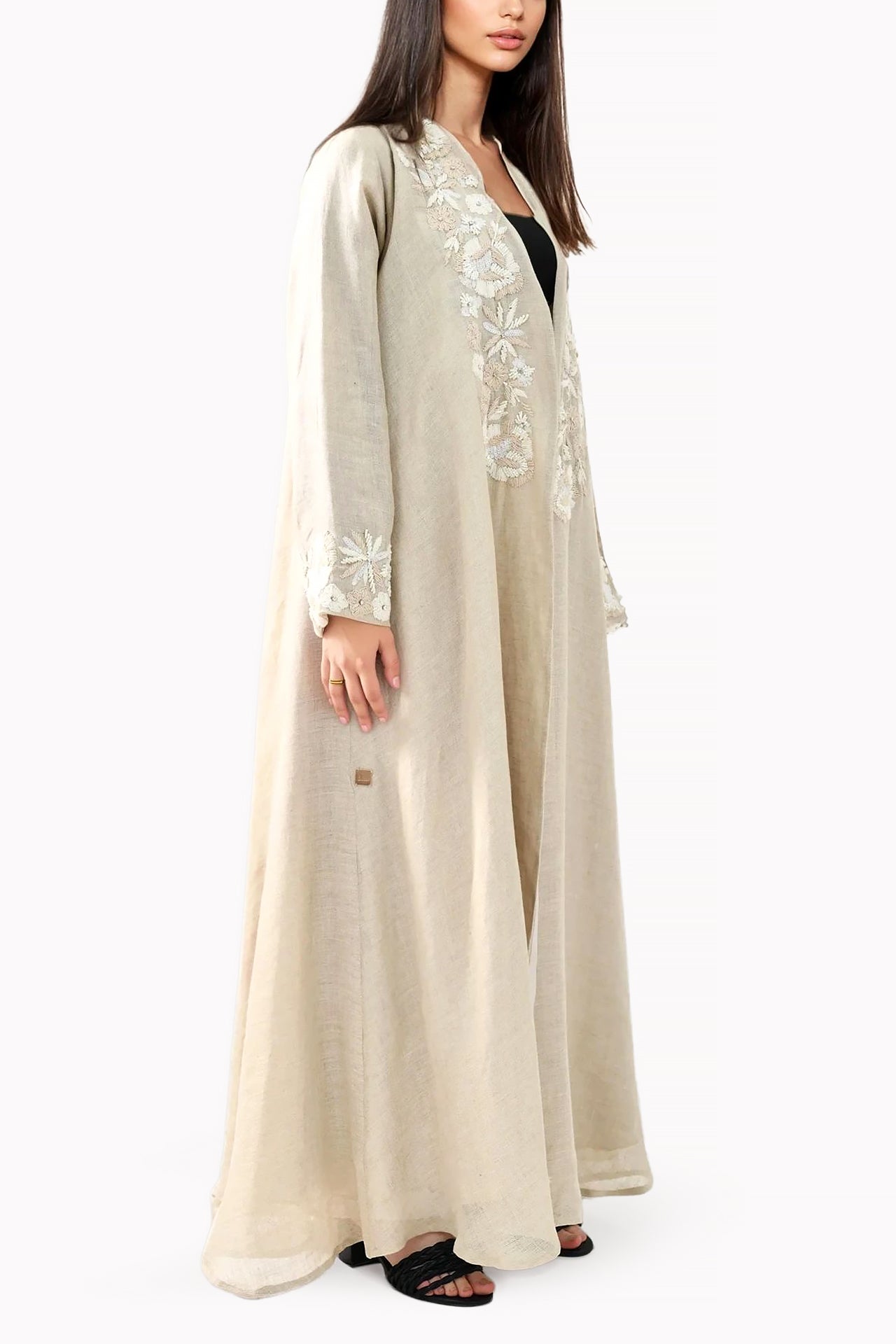 Floral Embroidery Linen Beige Abaya by Misk Abaya