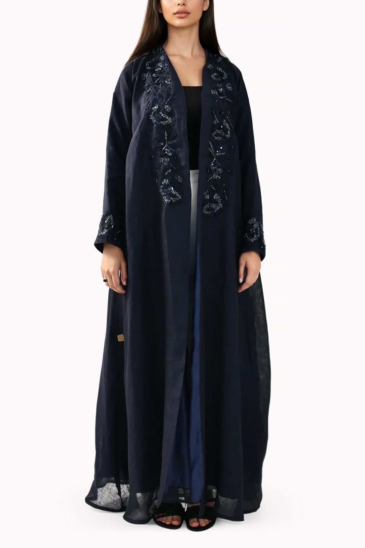 Floral Embroidery Linen Navy Blue Abaya by Misk Abaya