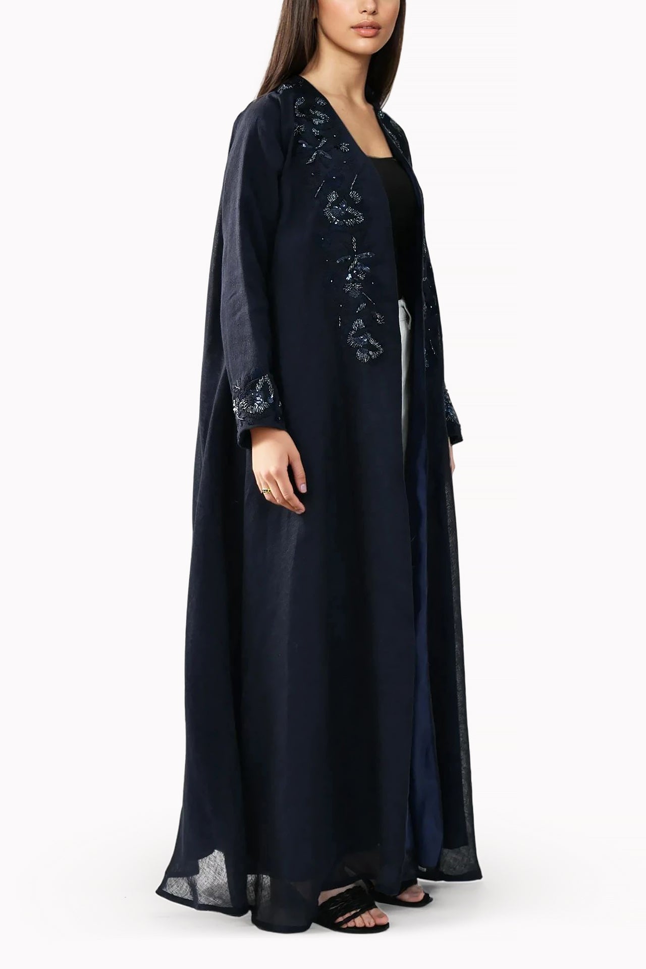 Floral Embroidery Linen Navy Blue Abaya by Misk Abaya