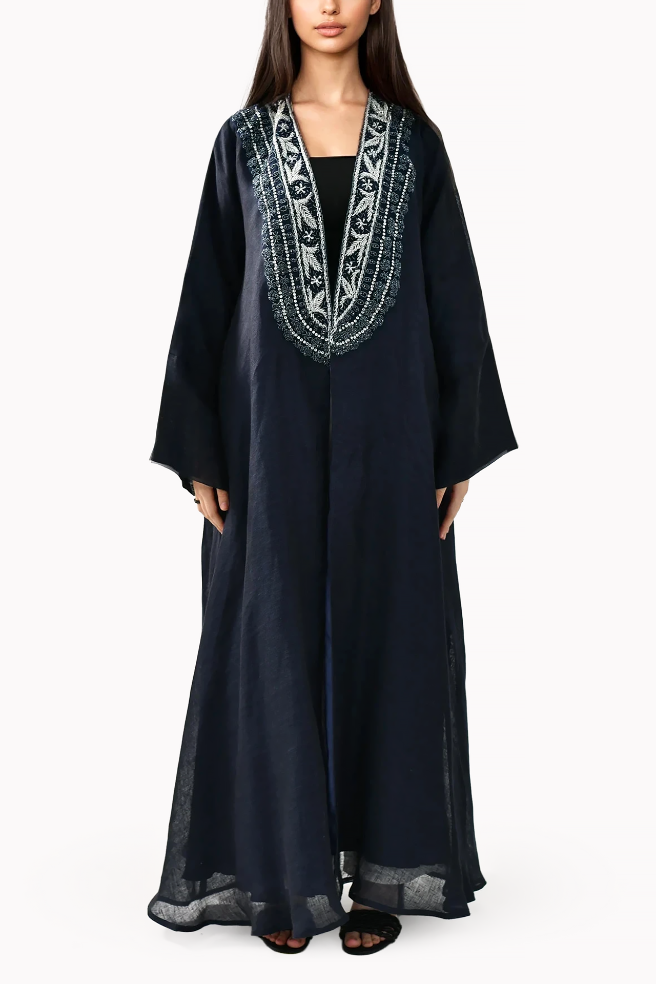 Handmade Embroidery Linen Navy Blue Abaya by Misk Abaya