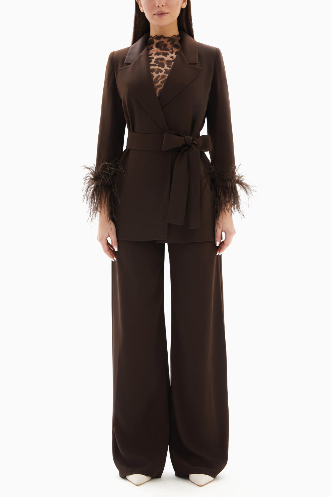 Brown Set of Feathered Blazer Jacket and Trousers By WECRE8