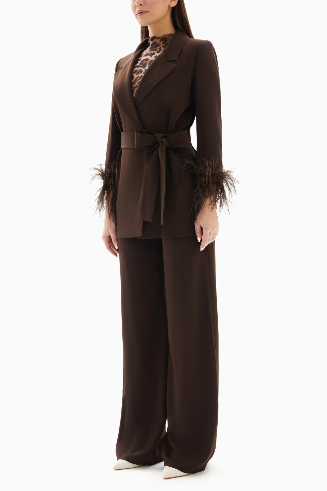 Brown Set of Feathered Blazer Jacket and Trousers By WECRE8