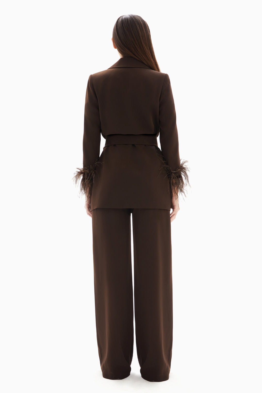 Brown Set of Feathered Blazer Jacket and Trousers By WECRE8