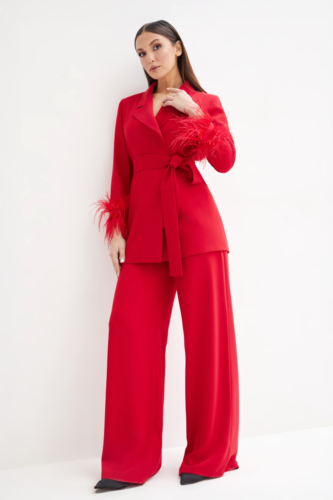 Red Set of Feathered Blazer Jacket and Trousers By WECRE8