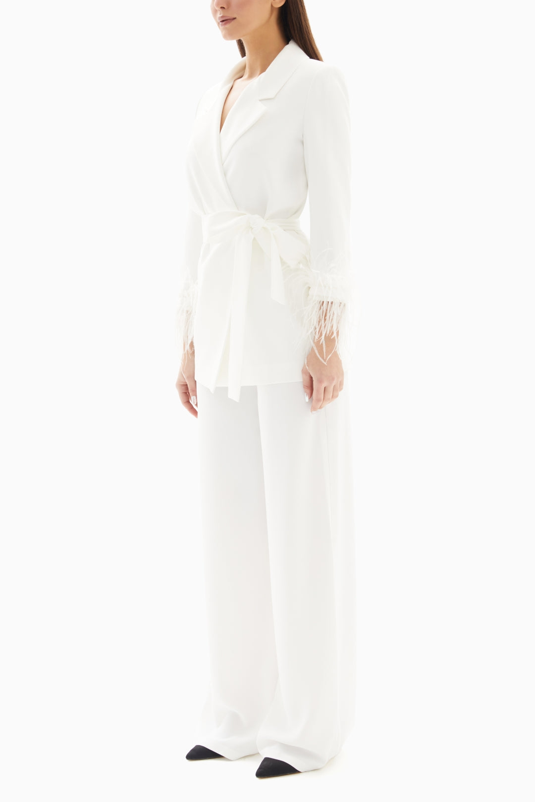 White Set of Feathered Blazer Jacket and Trousers By WECRE8