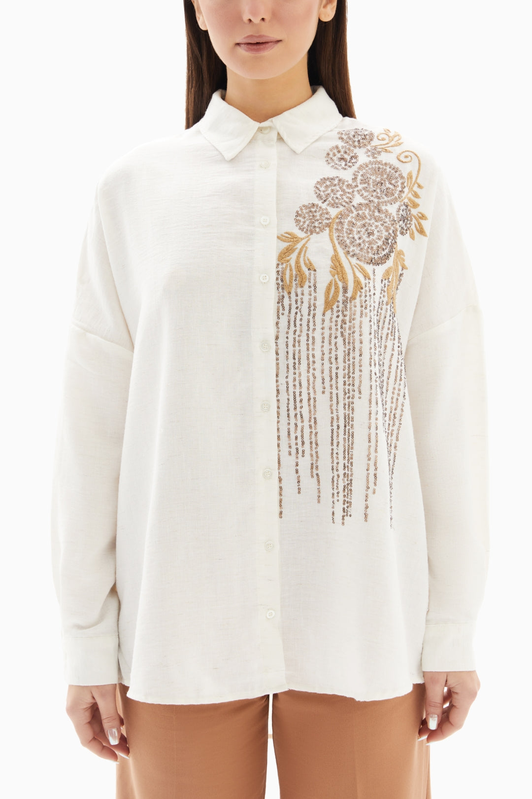 White Floral Sequin Blouse By WECRE8