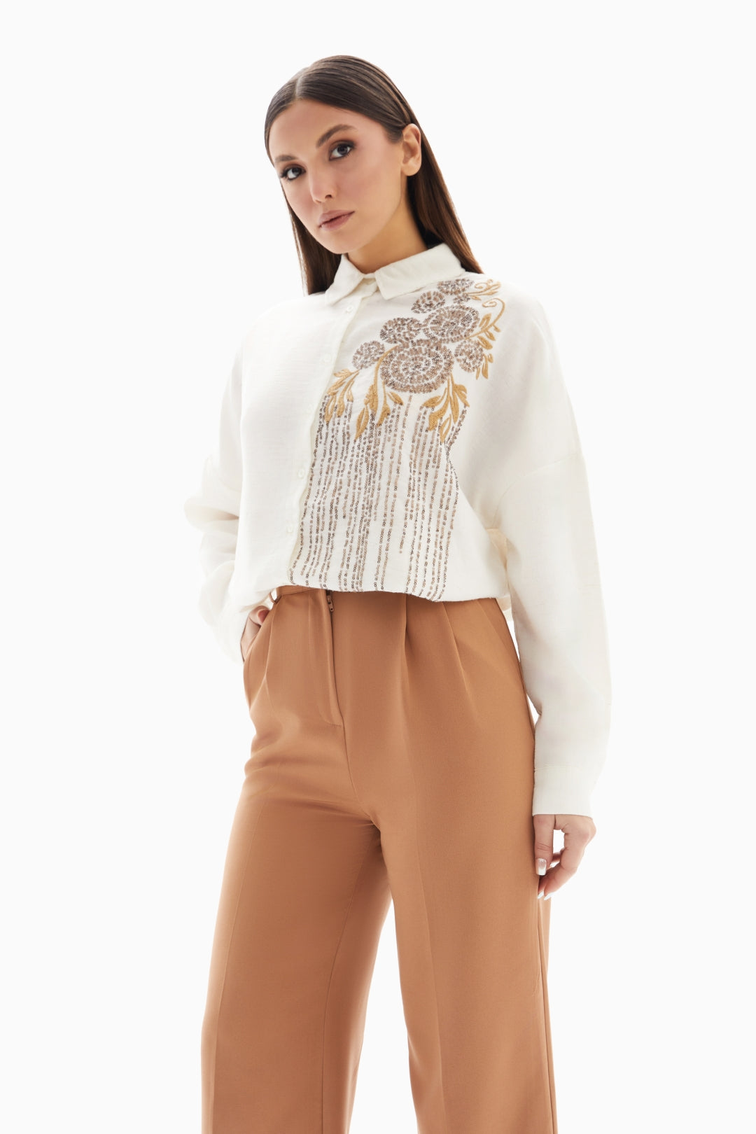 White Floral Sequin Blouse By WECRE8