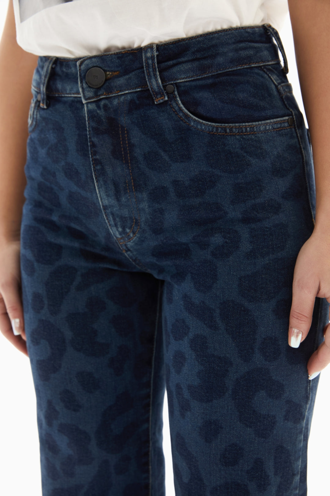 Dark Blue Leopard Print Denim Jeans By WECRE8