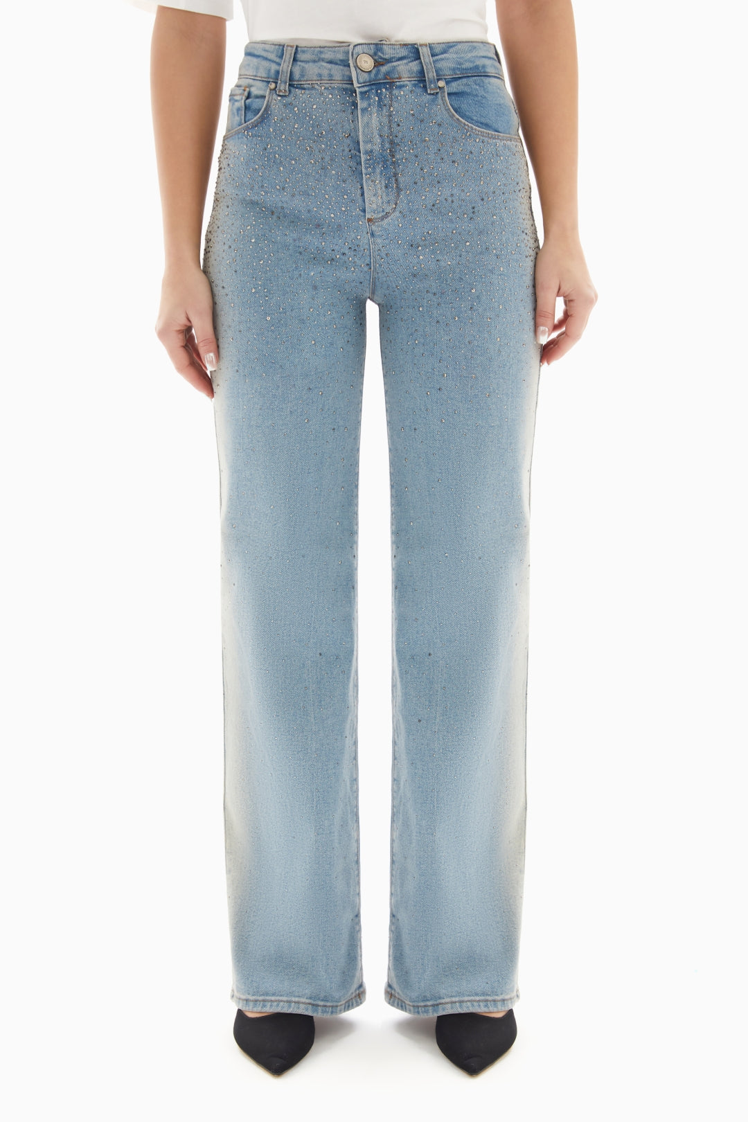 Light Blue Embellished Denim Jeans By WECRE8