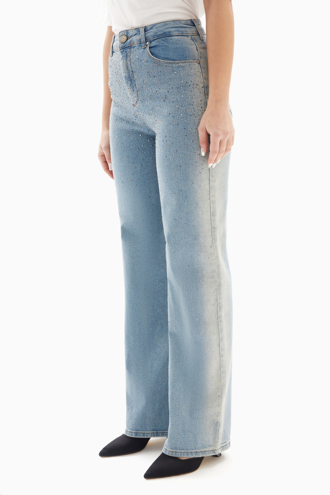 Light Blue Embellished Denim Jeans By WECRE8