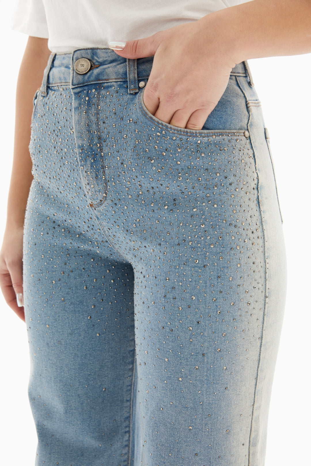 Light Blue Embellished Denim Jeans By WECRE8