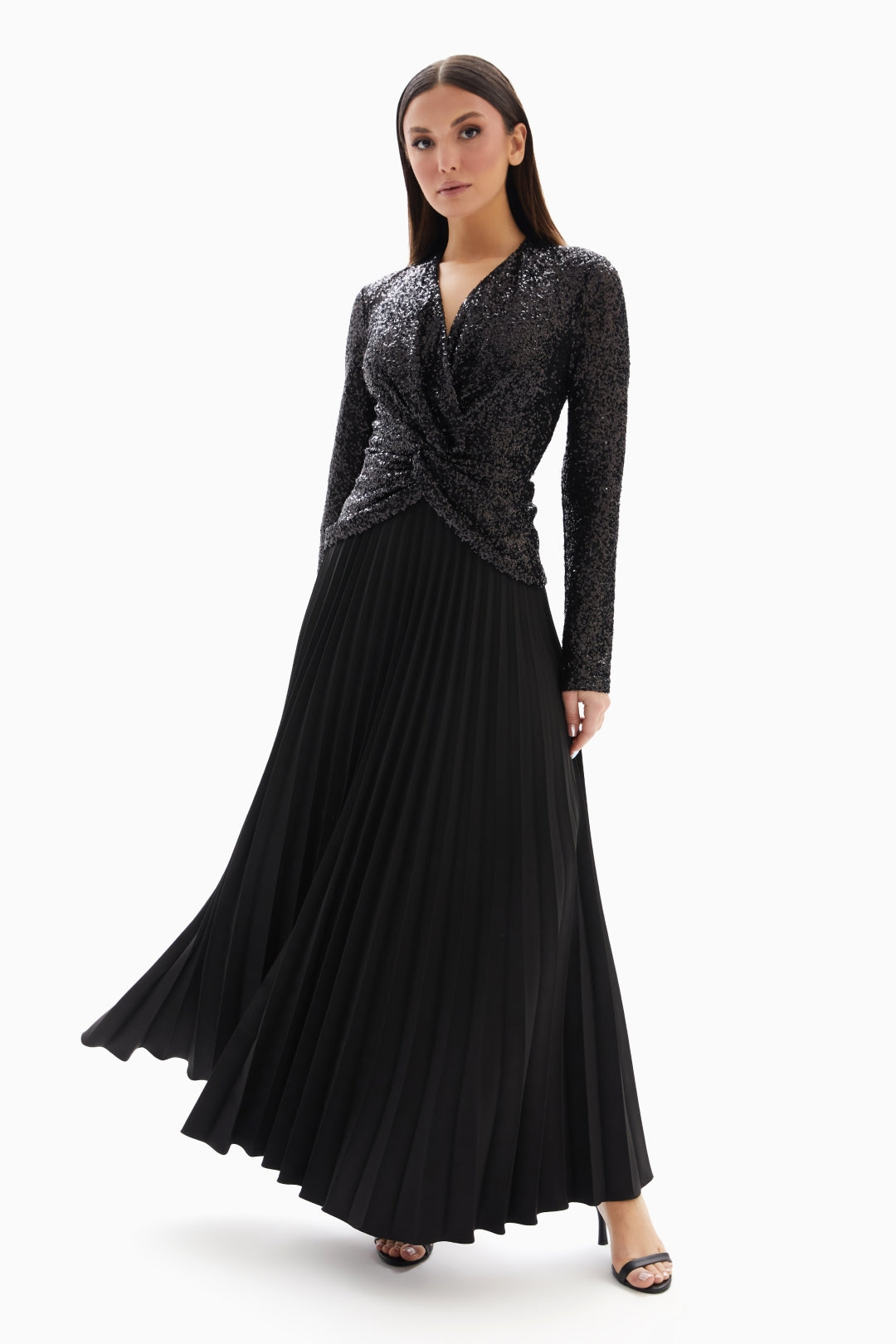 Maxi Black Sequined Pleated Dress By WECRE8