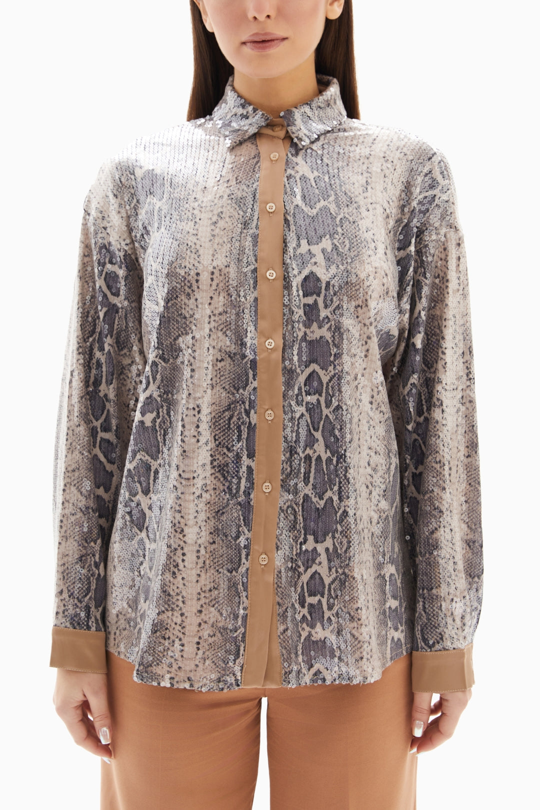 Grey/Beige Snake Sequin Blouse By WECRE8