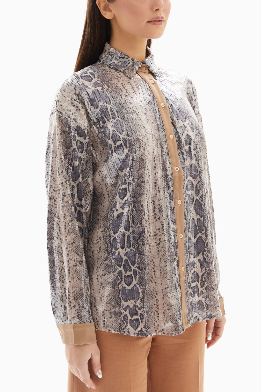 Grey/Beige Snake Sequin Blouse By WECRE8