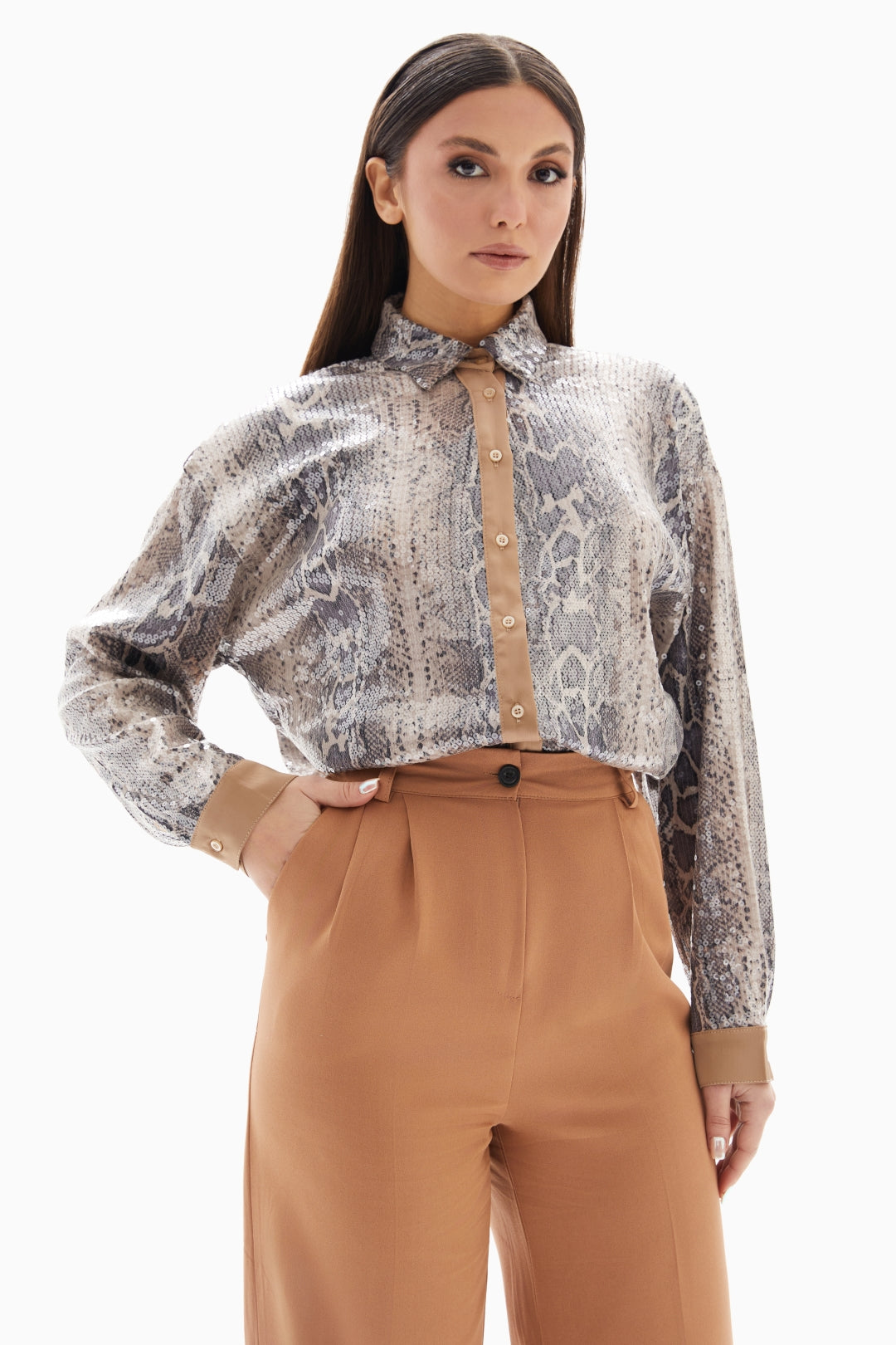 Grey/Beige Snake Sequin Blouse By WECRE8