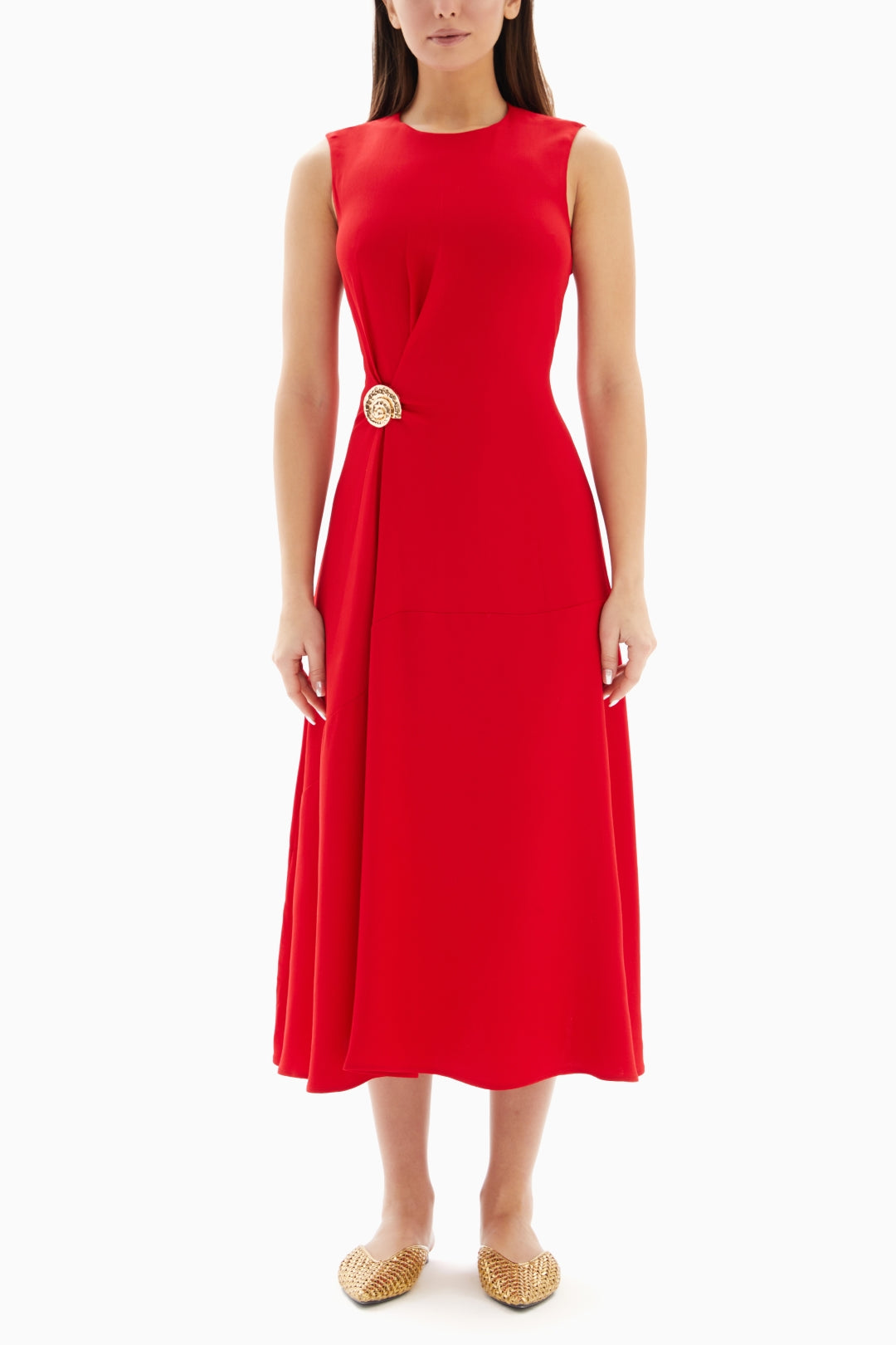 Midi Red Plain Dress with Buckle By WECRE8