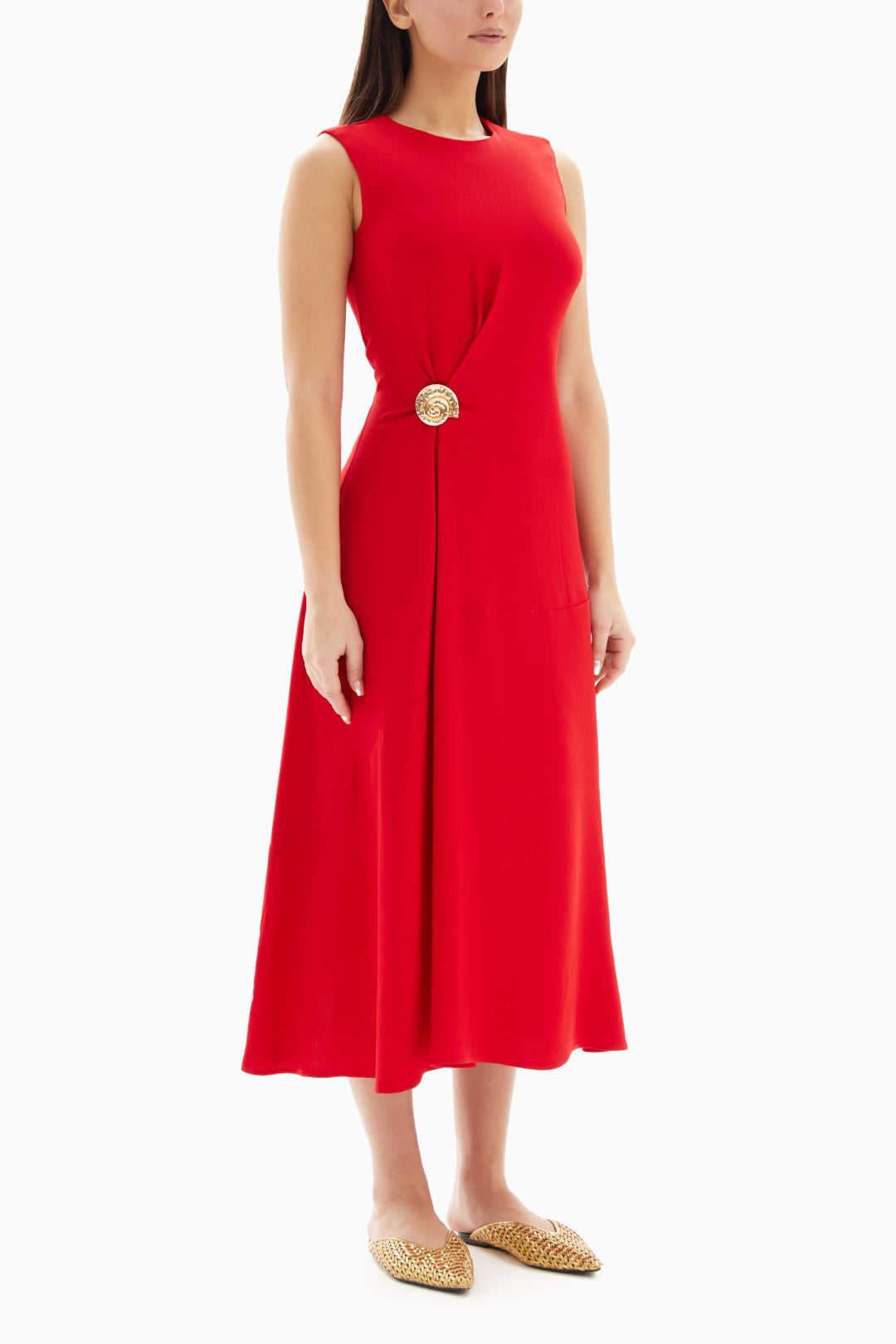 Midi Red Plain Dress with Buckle By WECRE8