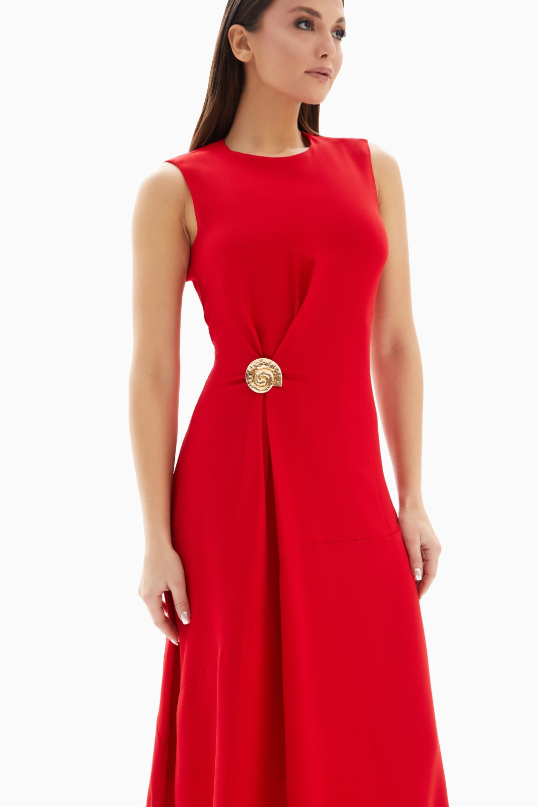 Midi Red Plain Dress with Buckle By WECRE8