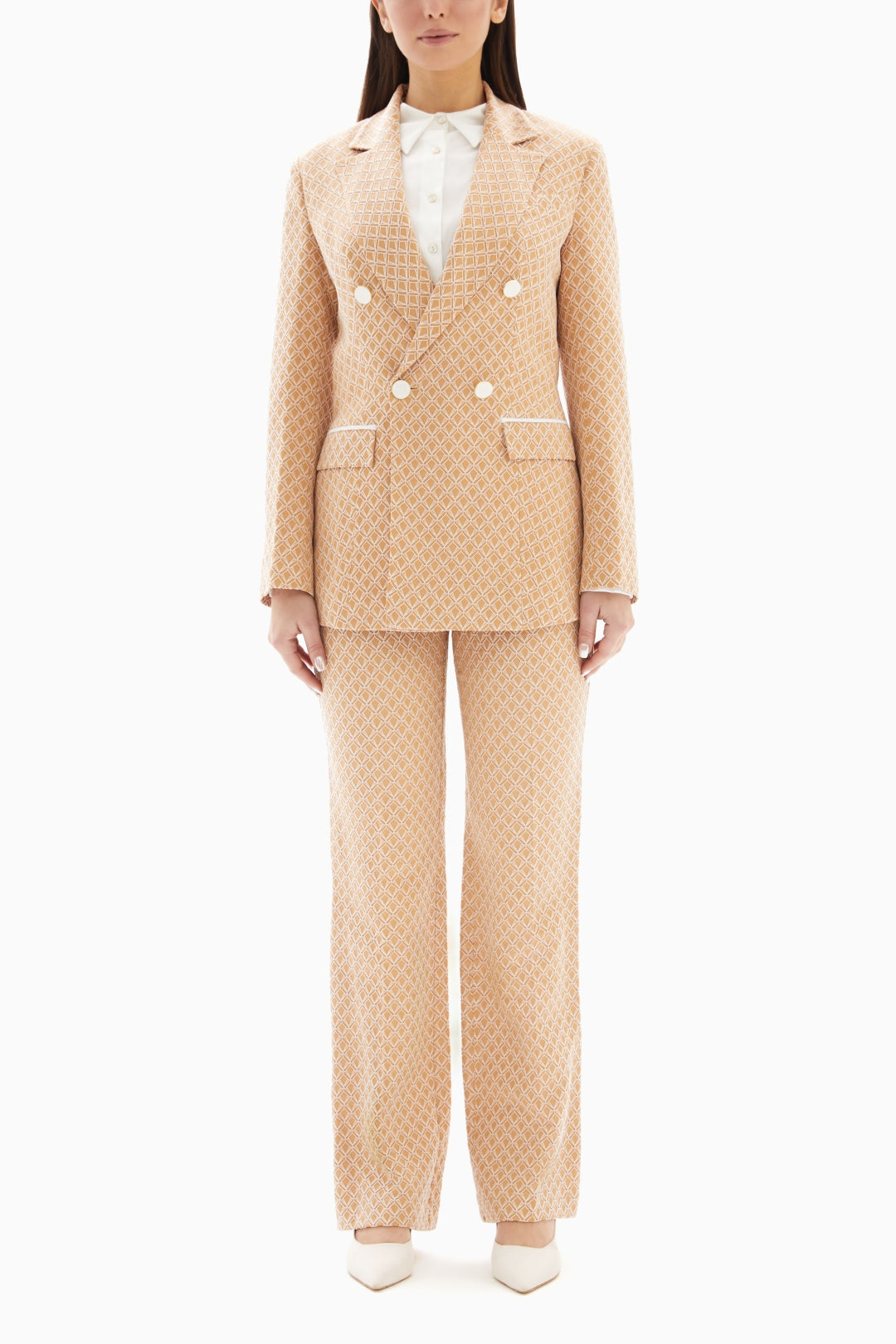 Beige Set of Geometric Blazer and Trousers By WECRE8