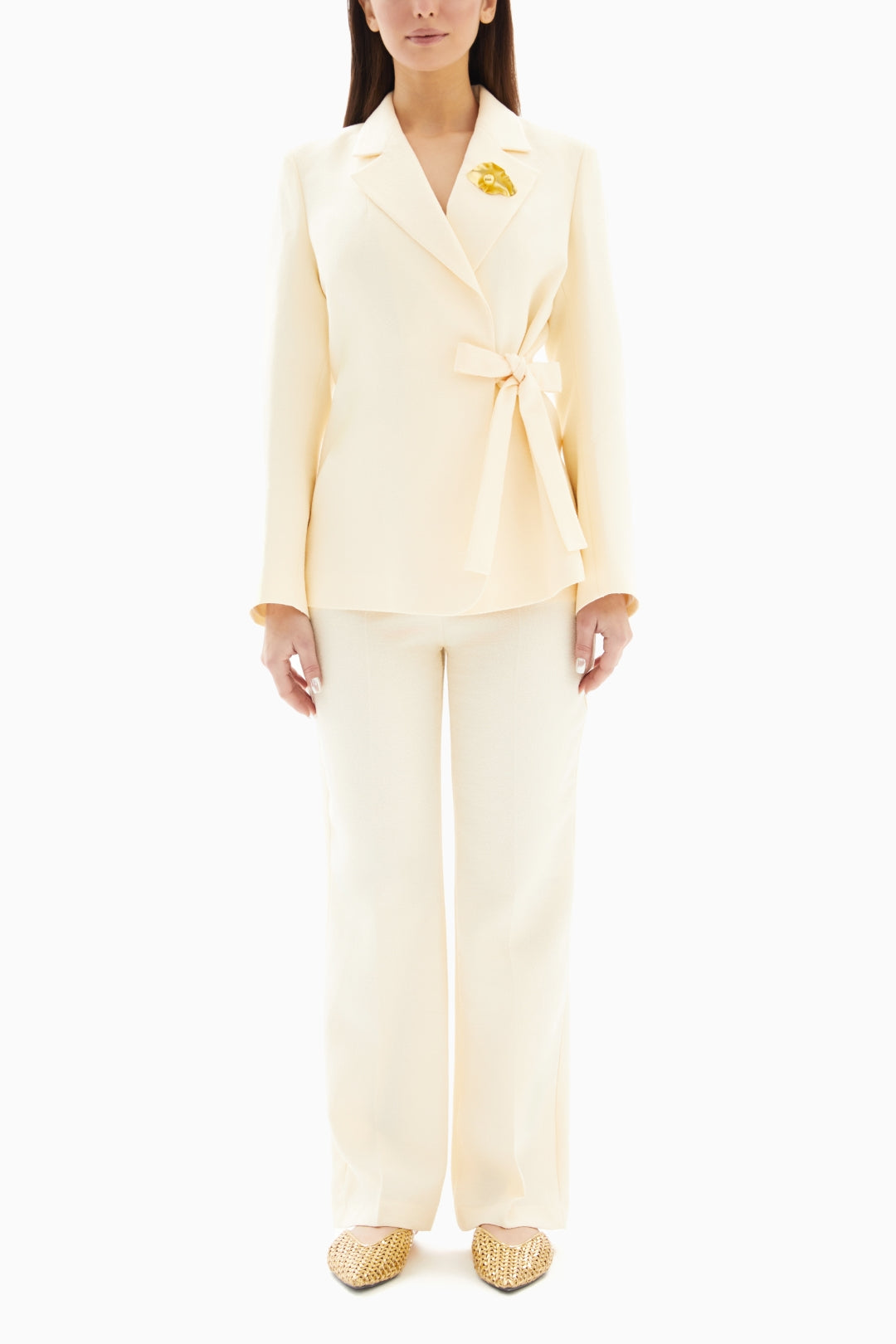 Cream White Set of Brooch Blazer Jacket and Trousers By WECRE8