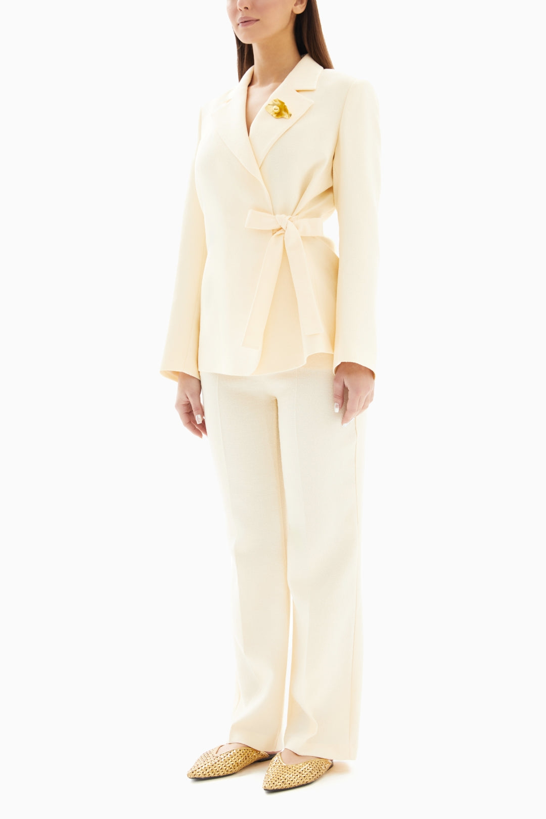 Cream White Set of Brooch Blazer Jacket and Trousers By WECRE8