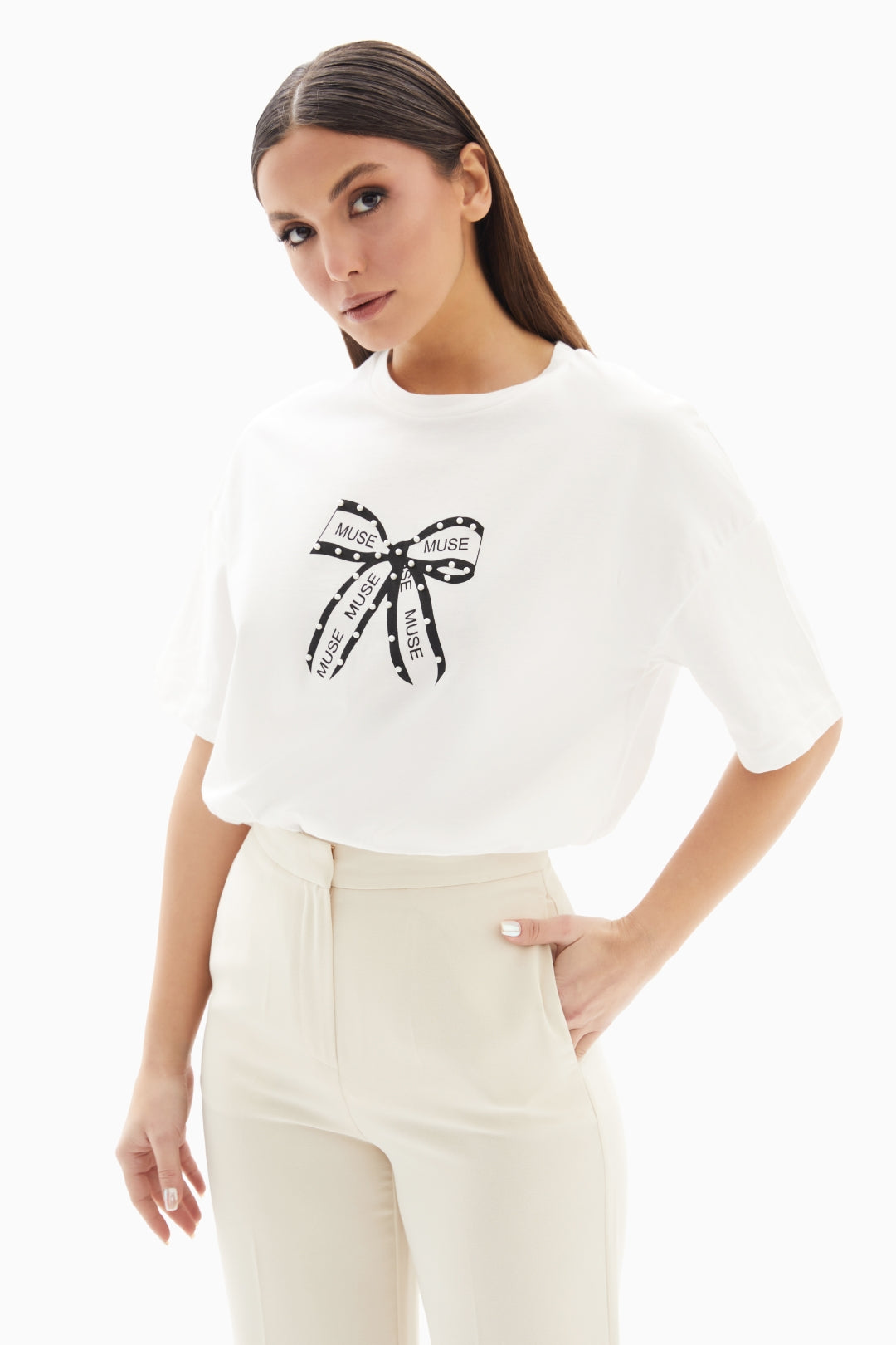 White Bow Printed T-shirt By WECRE8